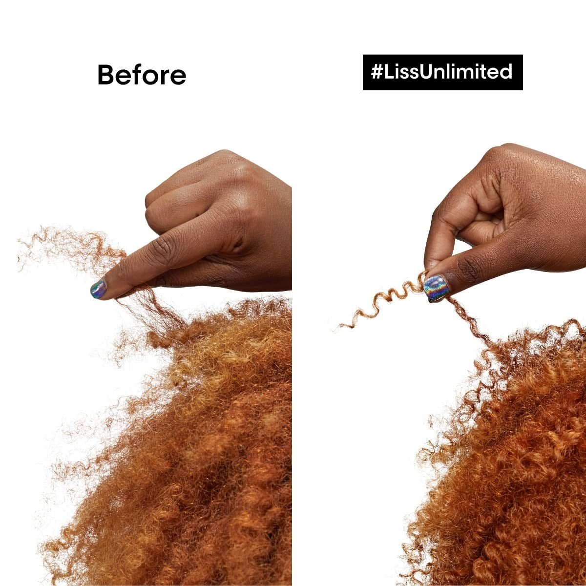 L'Oréal Professionnel Paris Liss Unlimited Mask for frizz-prone hair, shown in a sleek jar with smooth, shiny hair around it.