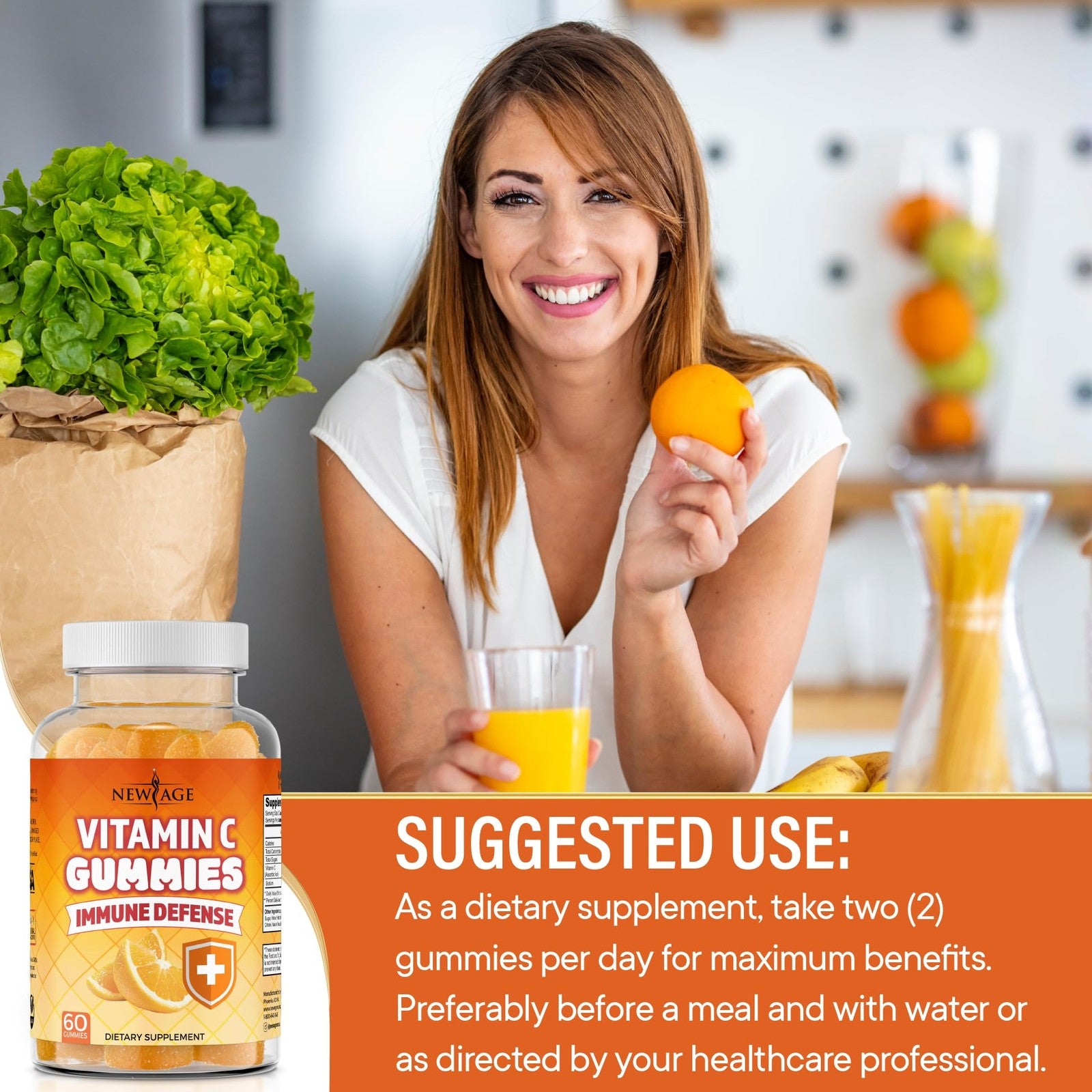 Orange vitamin C gummies from New Age Age, supporting immune health with bright, chewable vitamin C supplements in a clear container.