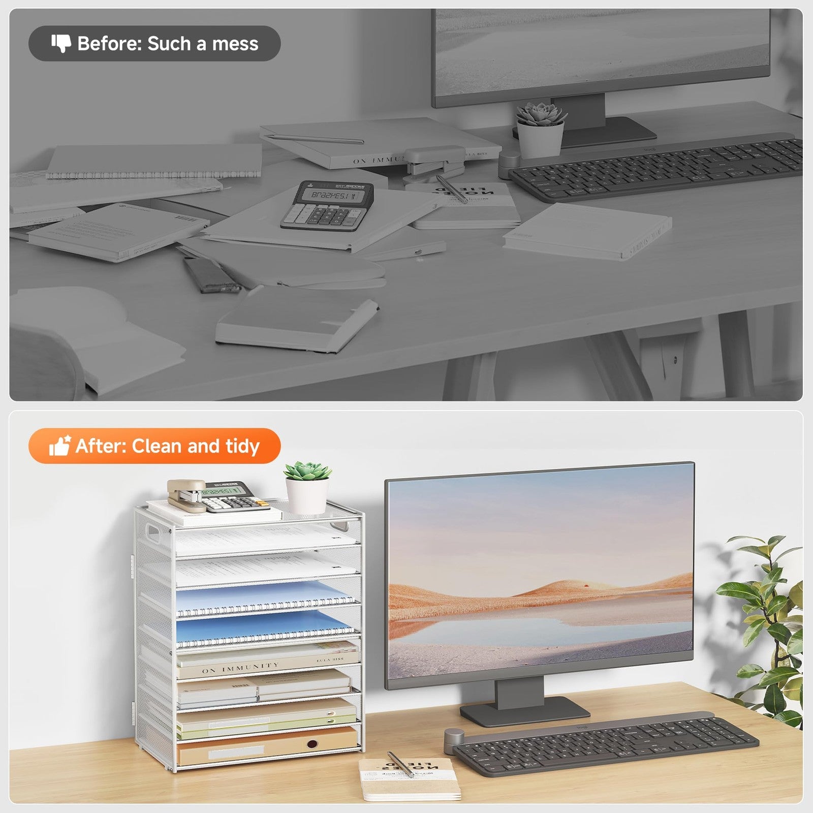 White metal mesh SUBEKYU 9-tier paper letter tray desk organizer with handles, ideal for storing and organizing documents.