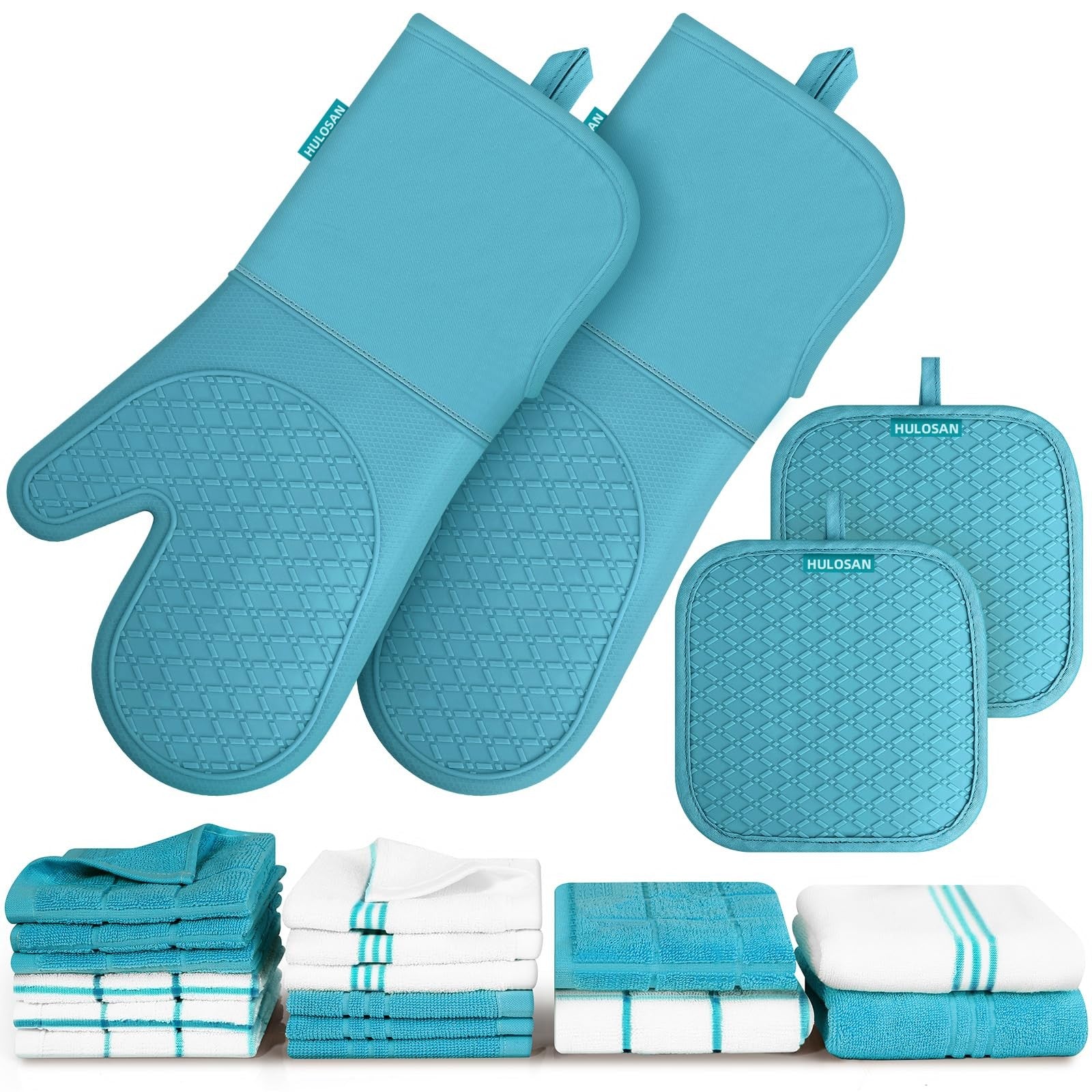 HULOSAN silicone oven mitts and pot holder set with cotton dish towels for kitchen, heat-resistant and durable kitchen accessories.