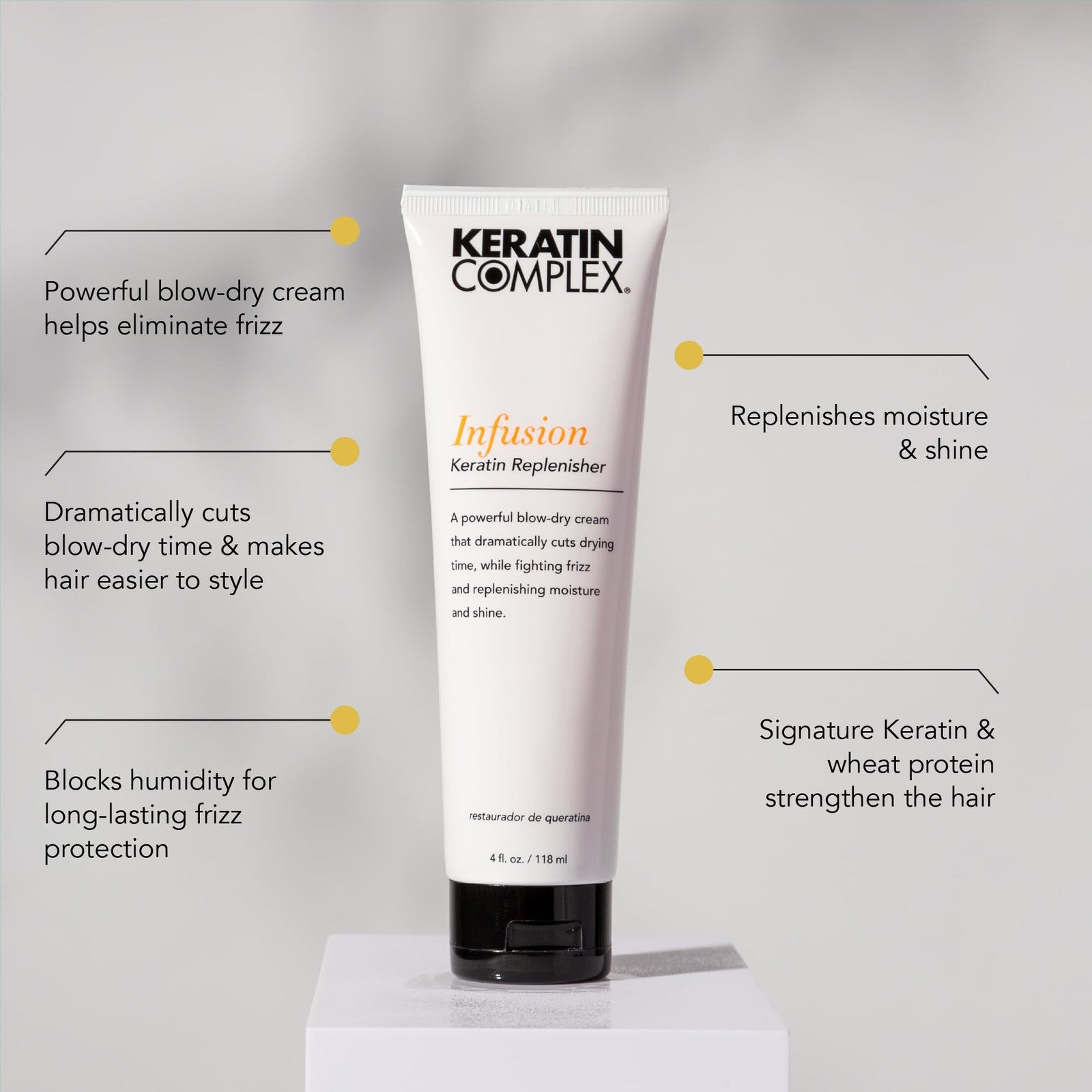 Keratin Complex Infusion Keratin Replenisher hair treatment bottle, 2.5oz, with sleek packaging and clear labeling.