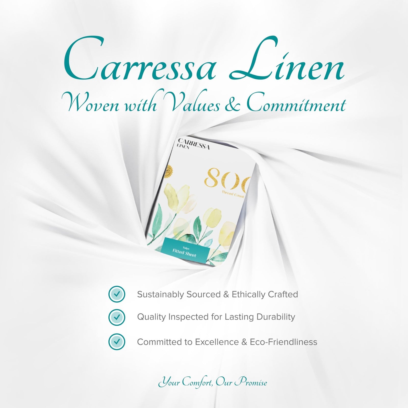Carressa Linen 100% cotton Cal King fitted sheet with 800 thread count, showing smooth, neatly tucked fabric on a bed.