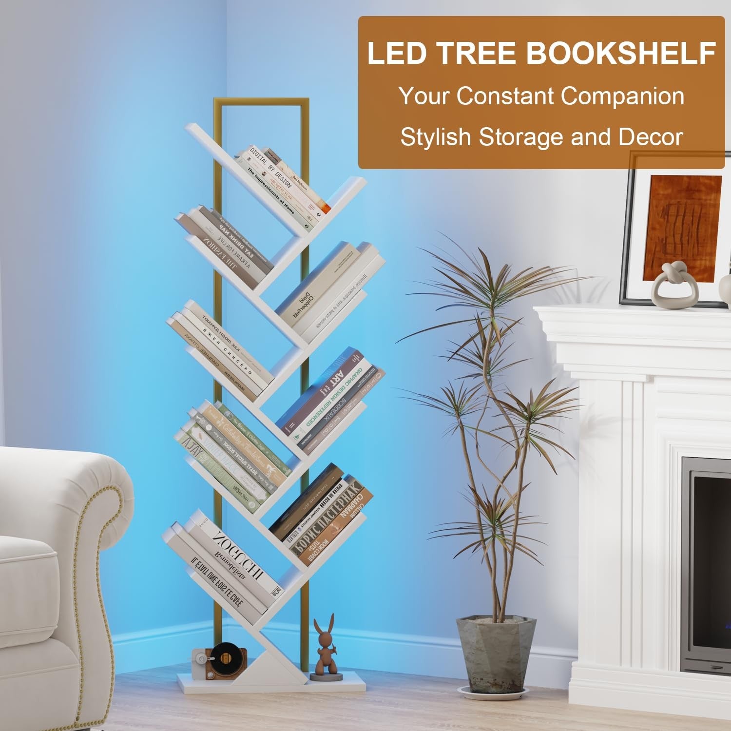 Qupui 9-tier wooden tree-shaped bookshelf with integrated LED lights, modern floor-standing bookcase for home storage.