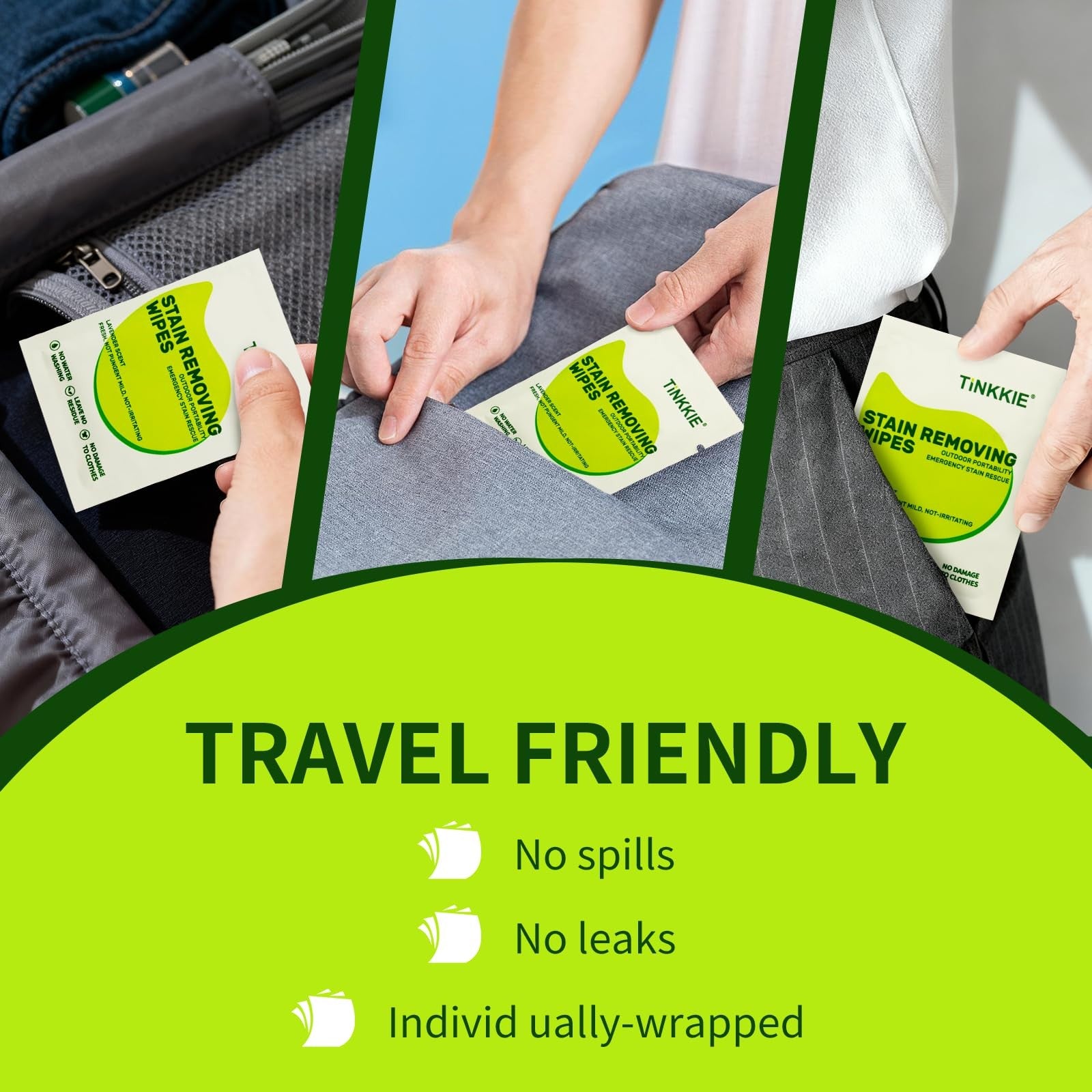 TiNKKiE 100-pack stain remover wipes for clothes and fabric, showing opened wipes and stain removal in action on fabric.