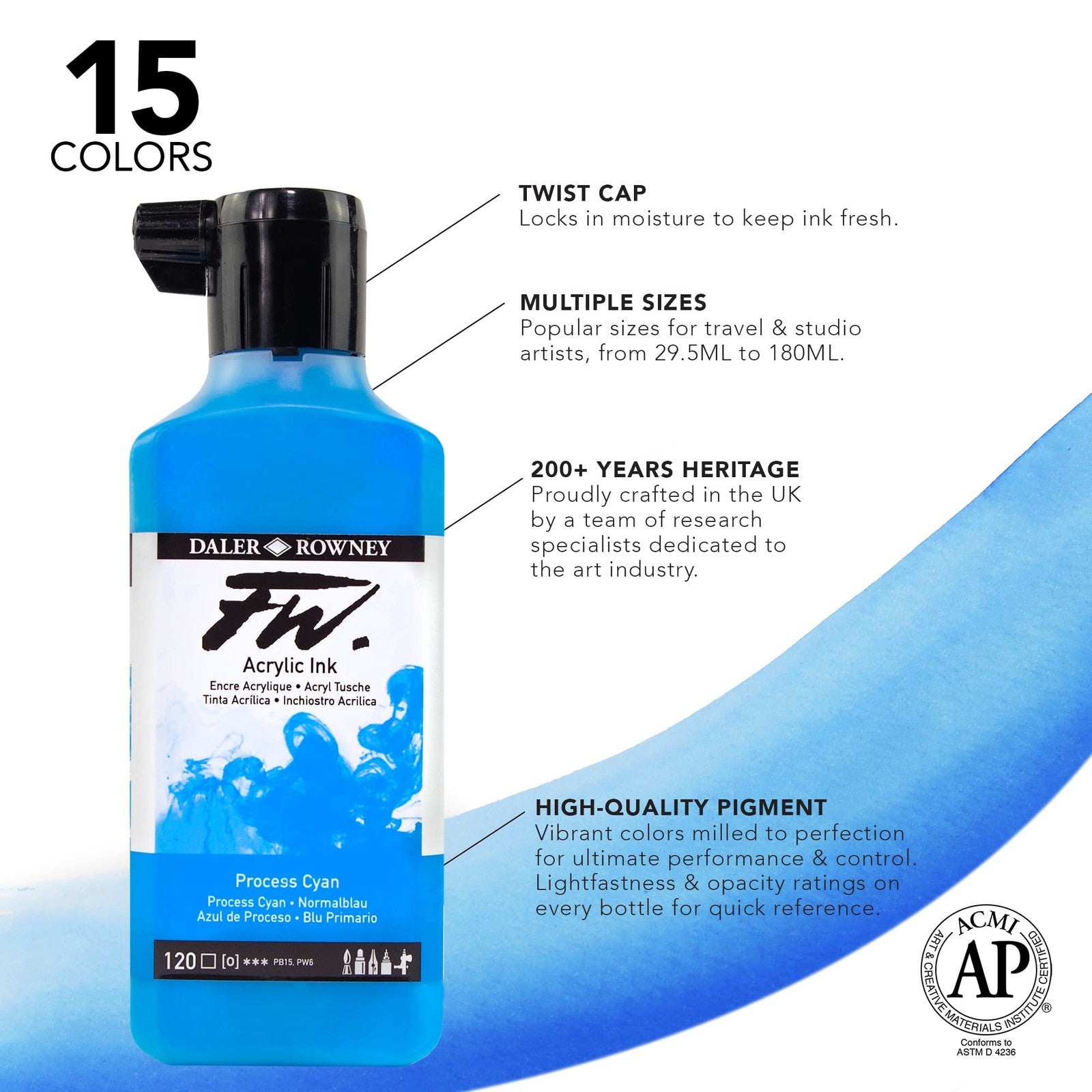 Daler-Rowney FW acrylic ink bottle in white for artistic drawing and painting, showcasing the ink's smooth, opaque consistency.
