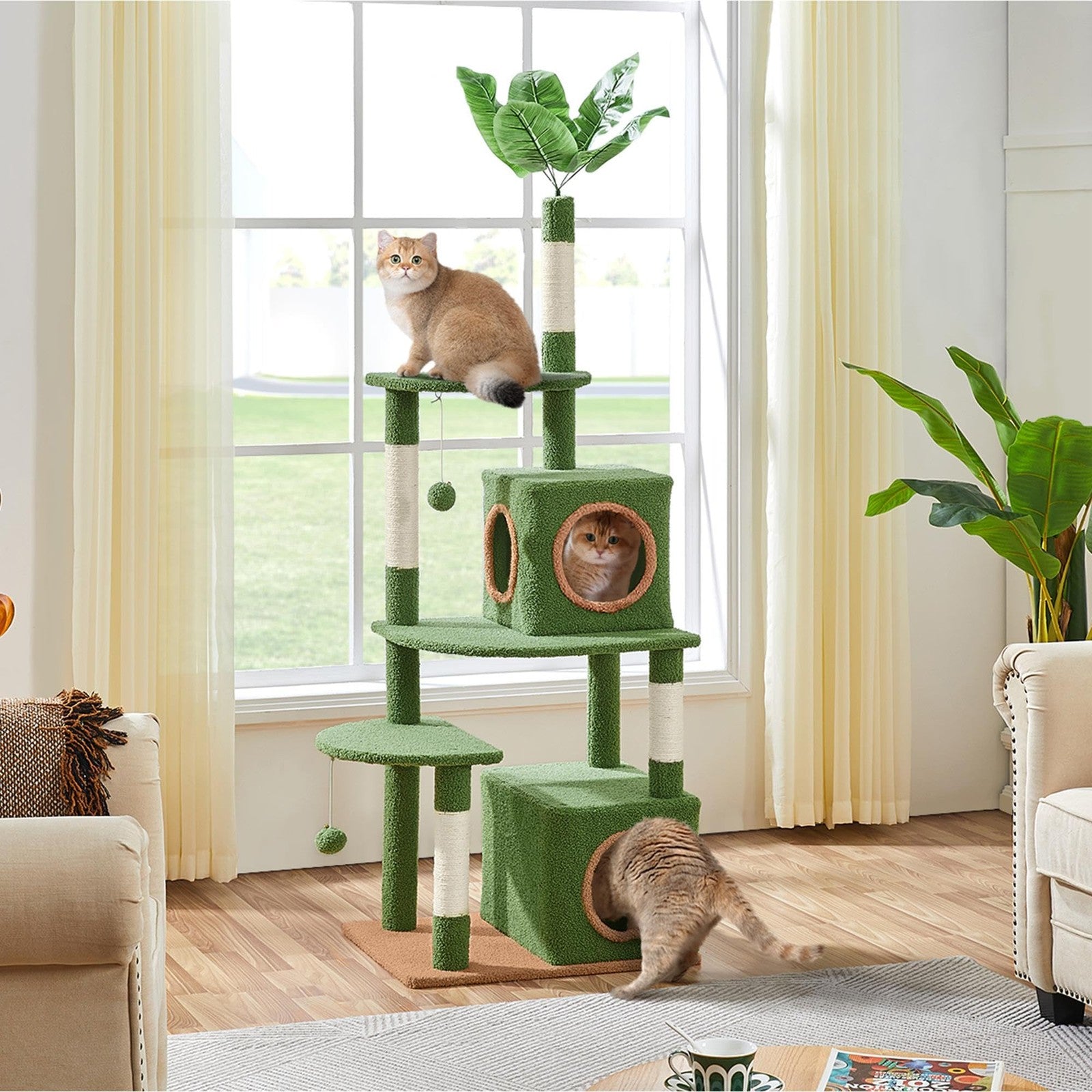 Green Yaheetech 59-inch cactus-themed cat tree with double-level condo, featuring palm leaf design and spacious scratching posts.