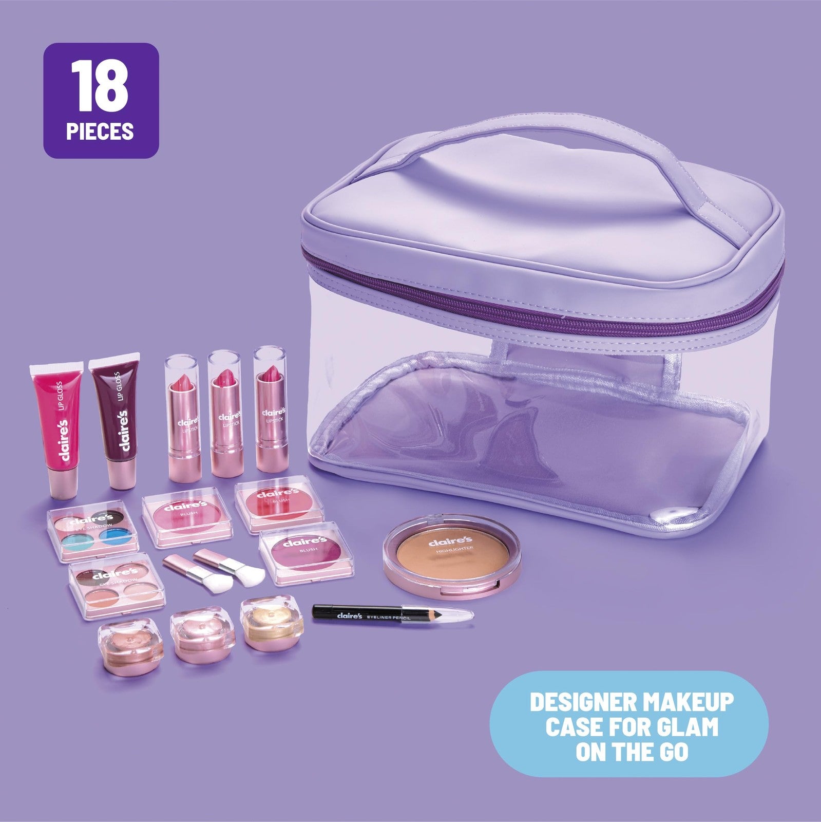 Claire's Ultimate 18-Piece Kids Makeup Kit for ages 8-12, featuring colorful cosmetic products and accessories for young beauty enthusiasts.