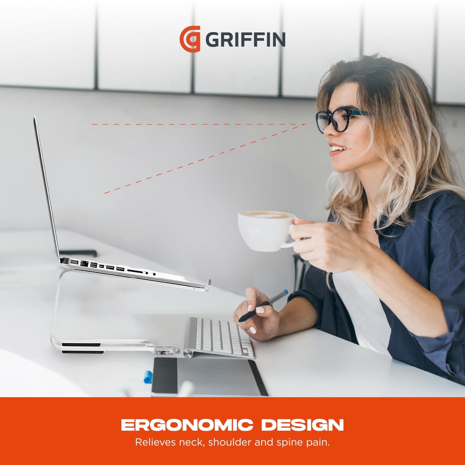 Griffin ergonomic aluminum laptop stand with adjustable height and tilt for improved comfort and airflow.