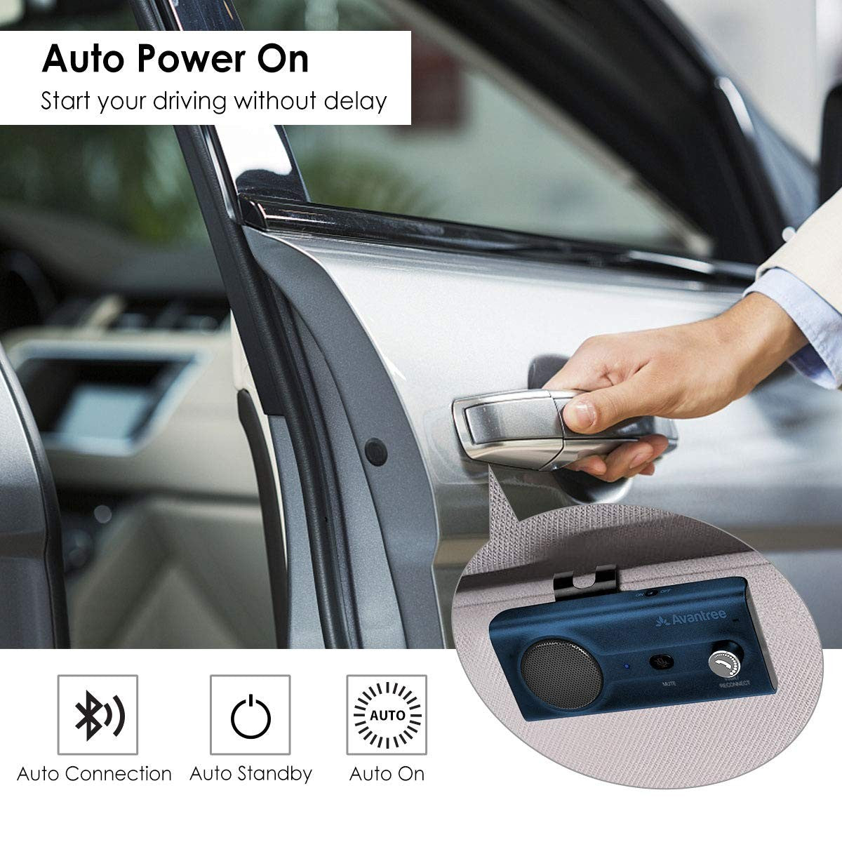 Avantree CK11 Bluetooth 5.0 car kit with 3W loud speakerphone and hands-free phone connectivity in a vehicle setting