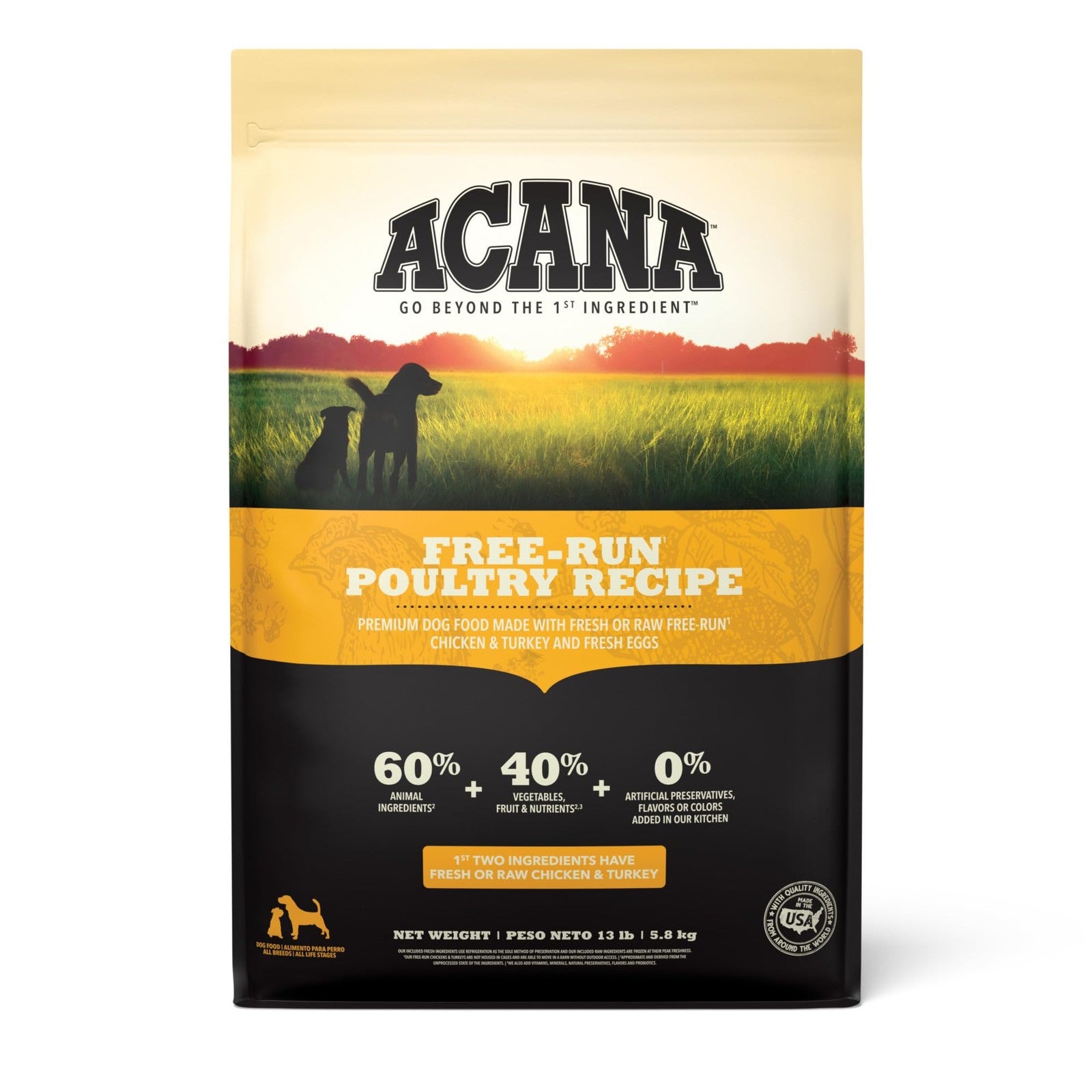 ACANA Grain Free Dry Dog Food bag featuring Free Run Poultry Recipe, 13lb bag of high-protein dog food with natural ingredients.