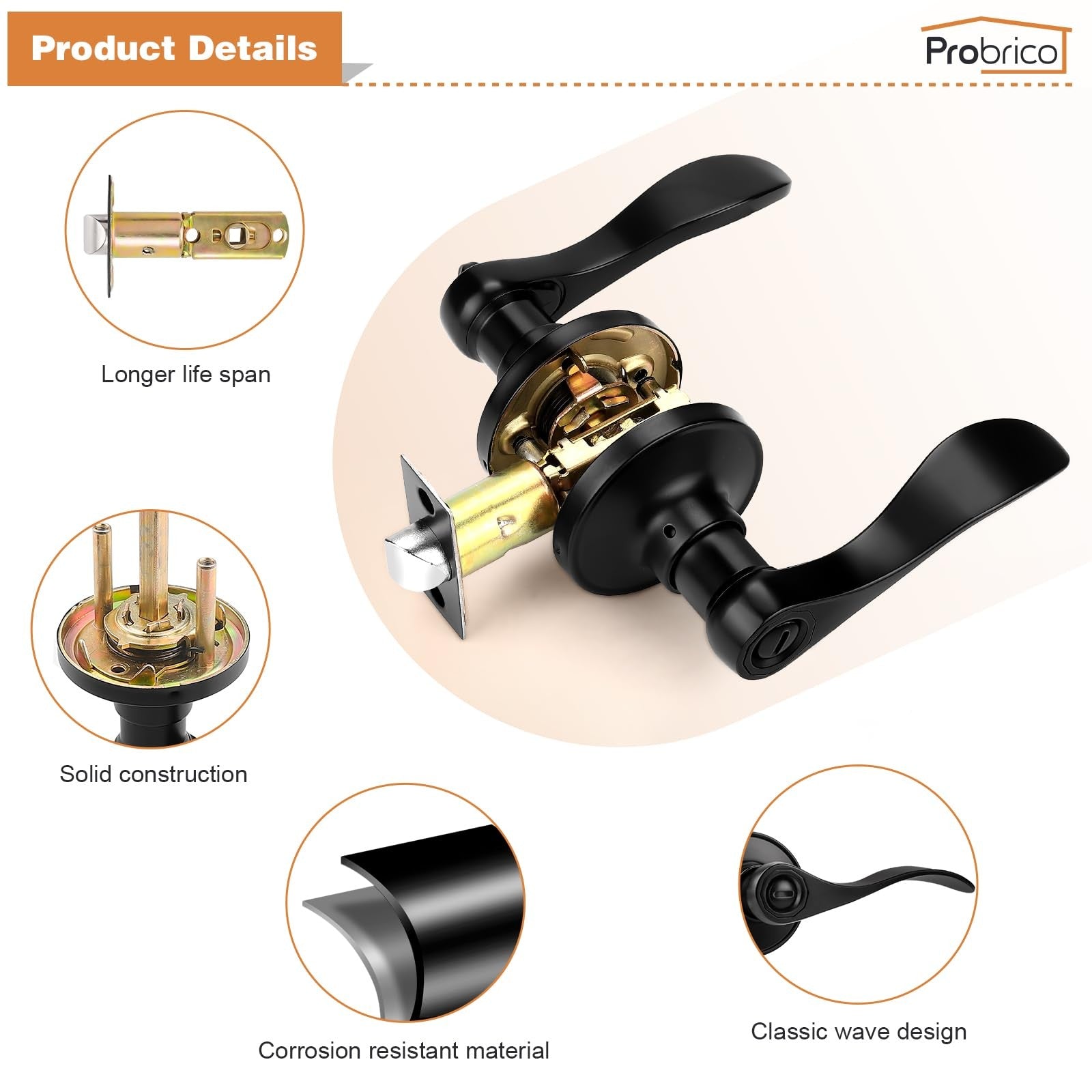 Probrico black privacy door handles set with four bathroom lever locks, featuring modern design and durable construction.