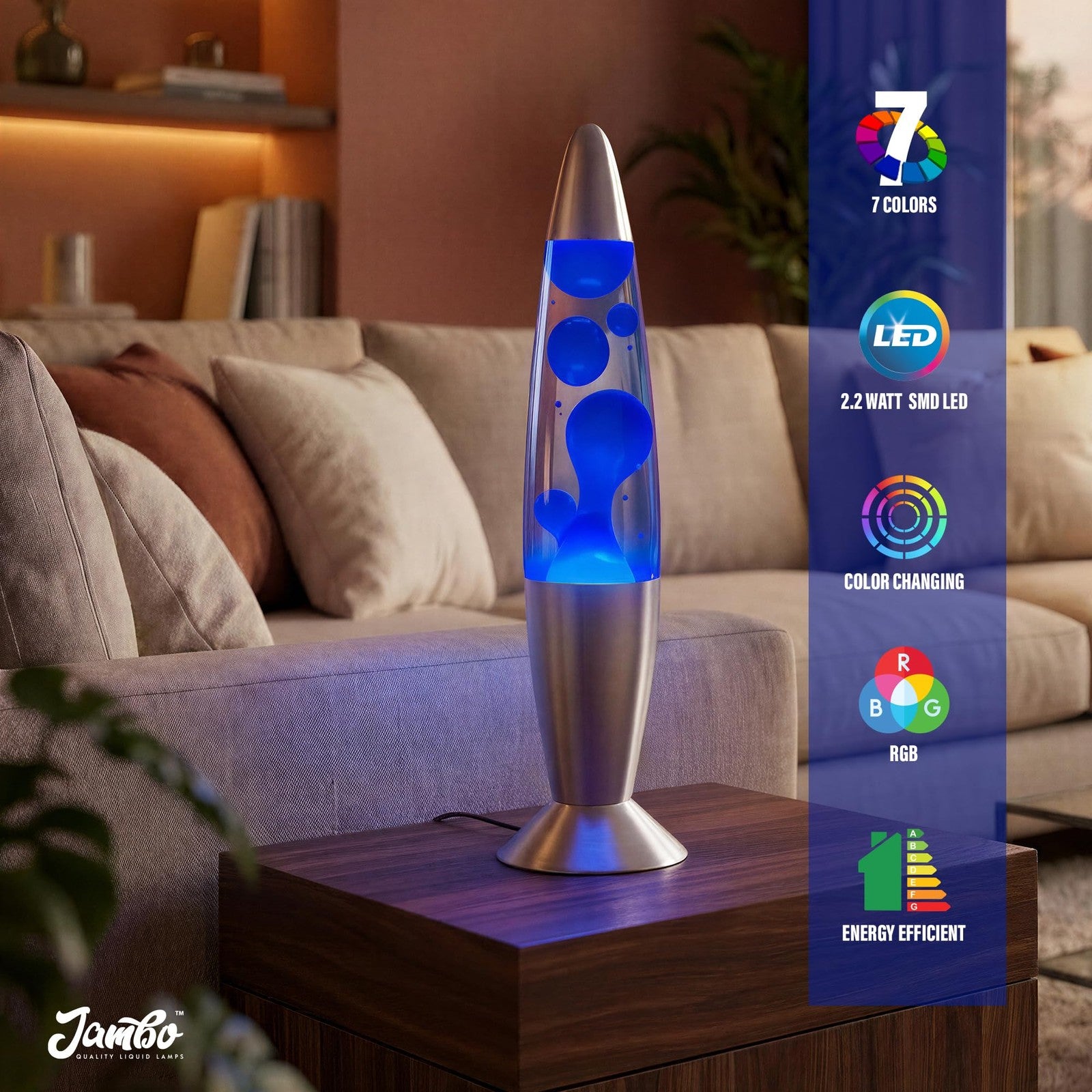 JAMBO 7-color changing LED motion lamp illuminated in a dark room, 13-inch size suitable for kids, teens, and adults.