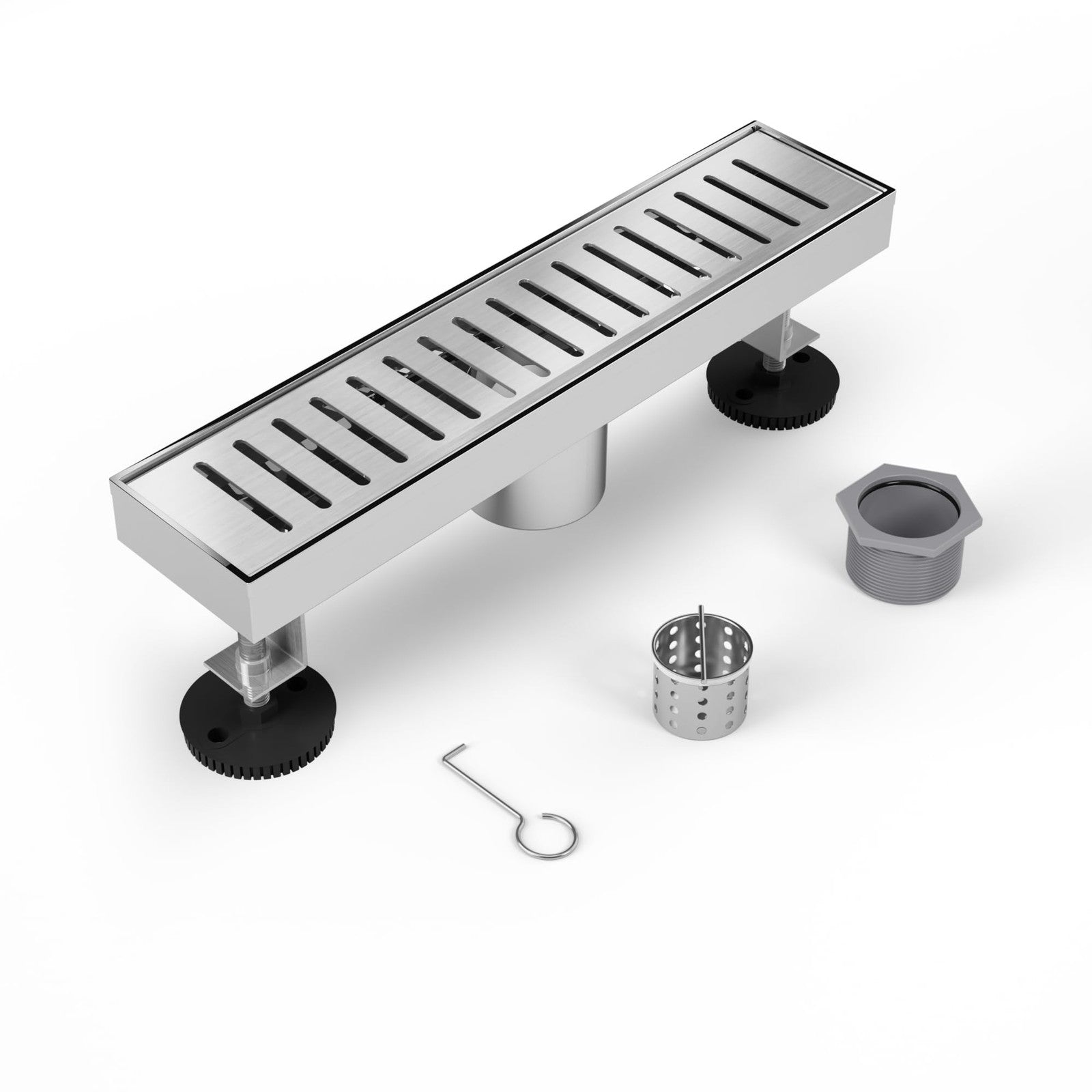 HTOH stainless steel shower drain, 18-inch brushed nickel linear bathroom floor drain with sleek, modern design and durable construction.