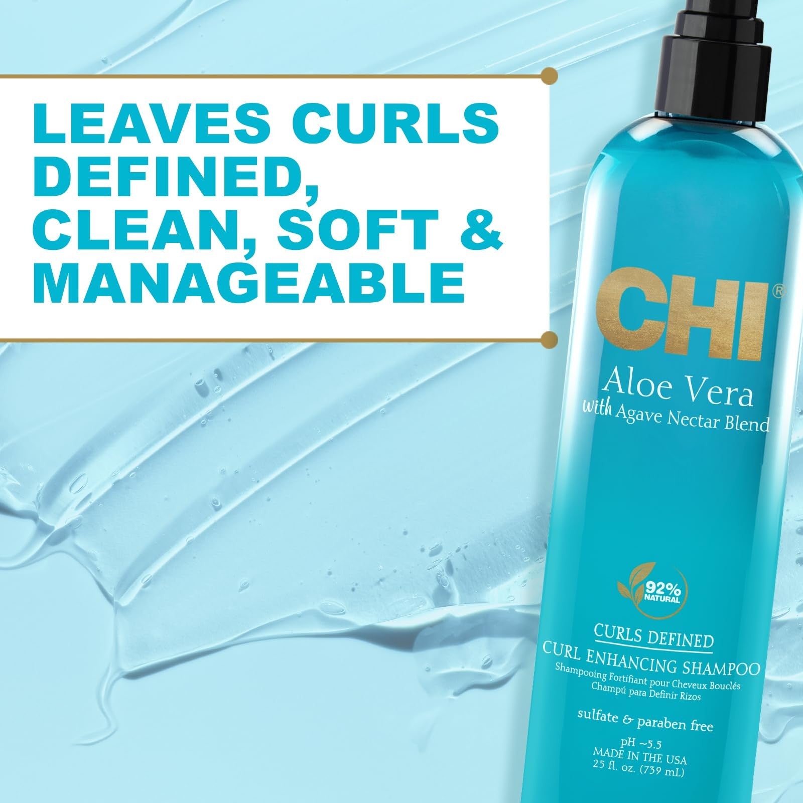 CHI Aloe Vera Curl Enhancing Shampoo bottle with label, showcasing a gentle formula for moisturizing and defining curly hair.