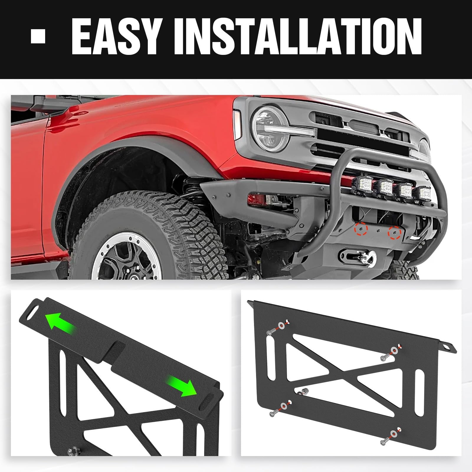YZONA front license plate frame compatible with 2021-2026 Ford models, made of durable material, shown on a vehicle.