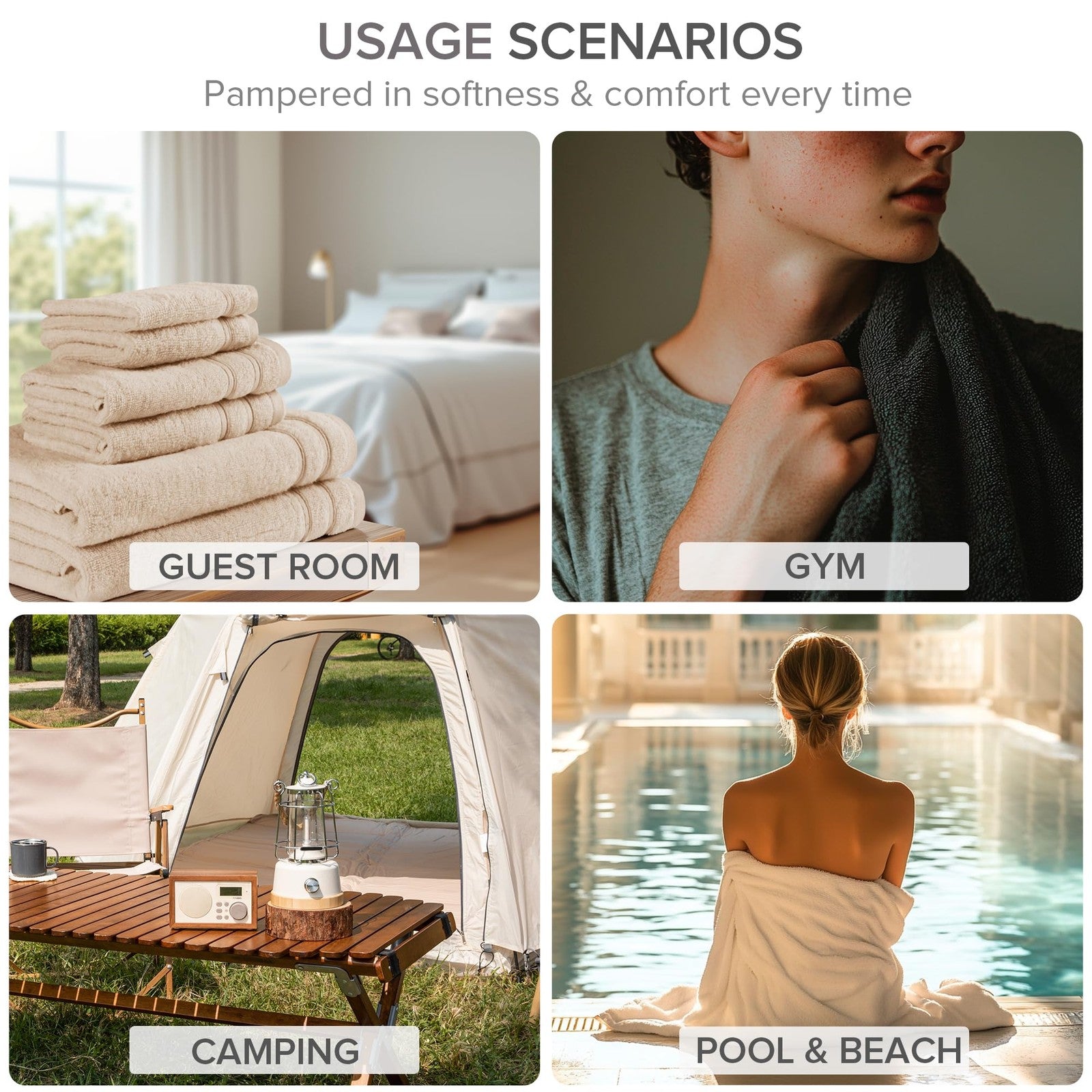 Comfort Spaces luxury bath towel set with 4 hand towels, quick-dry, made of soft, absorbent fabric in neutral tones.