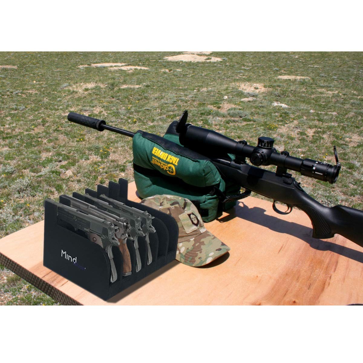 Mind&Action foam pistol rack for gun safe, black foam gun cabinet accessory with slots for secure firearm storage.