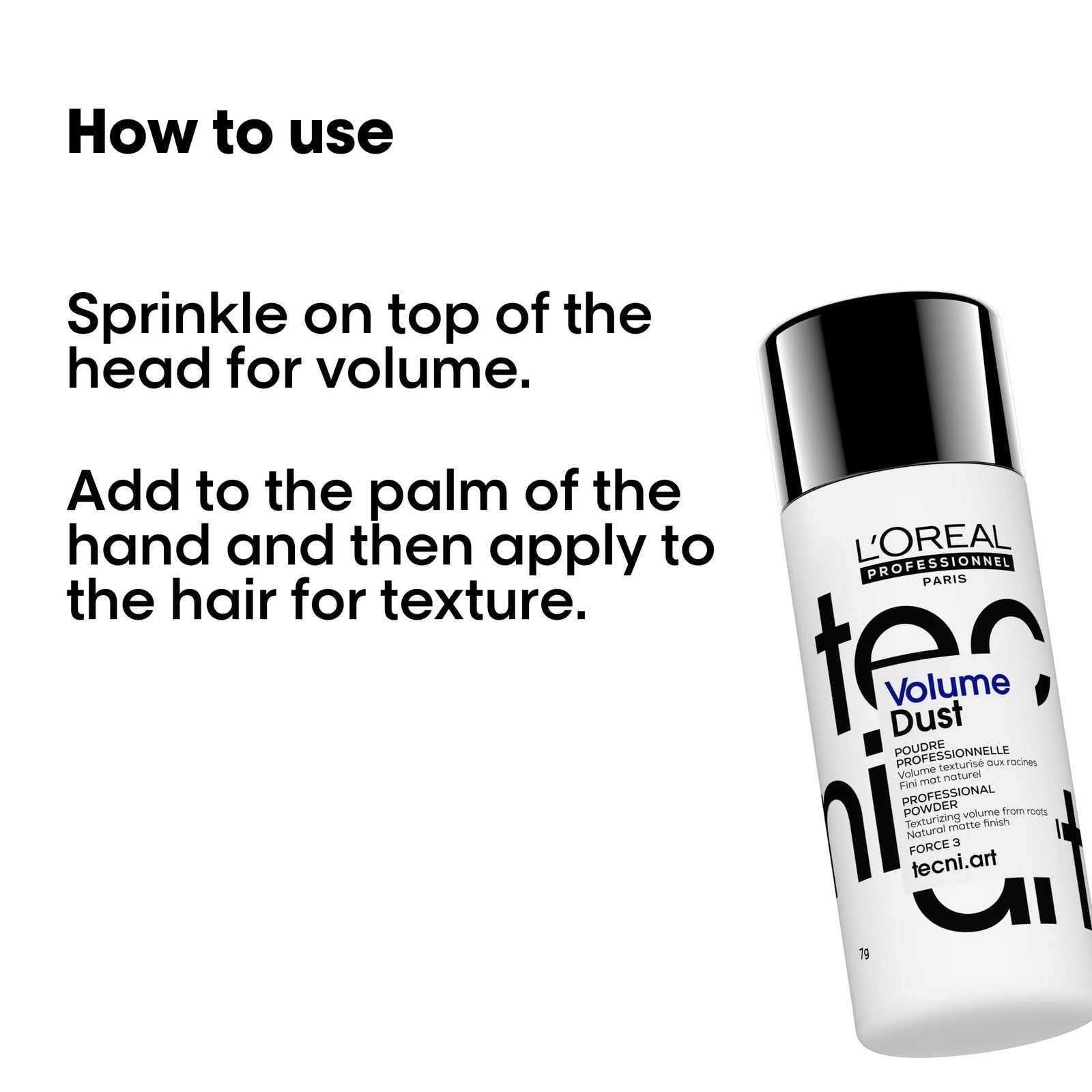 L'Oréal Professionnel Paris Volume Dust weightless powder for all hair types, displayed in a jar with a scoop.