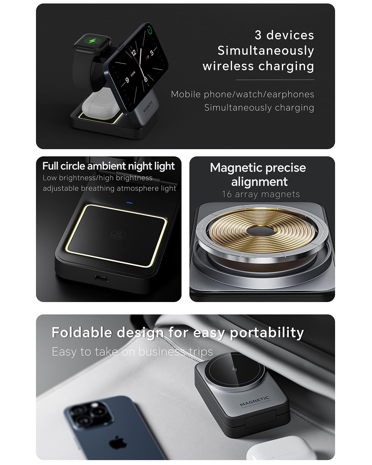 BODSEIEOU 2026 Upgraded 3-in-1 wireless charger for iPhone with magnetic stand, designed for travel and convenient charging.