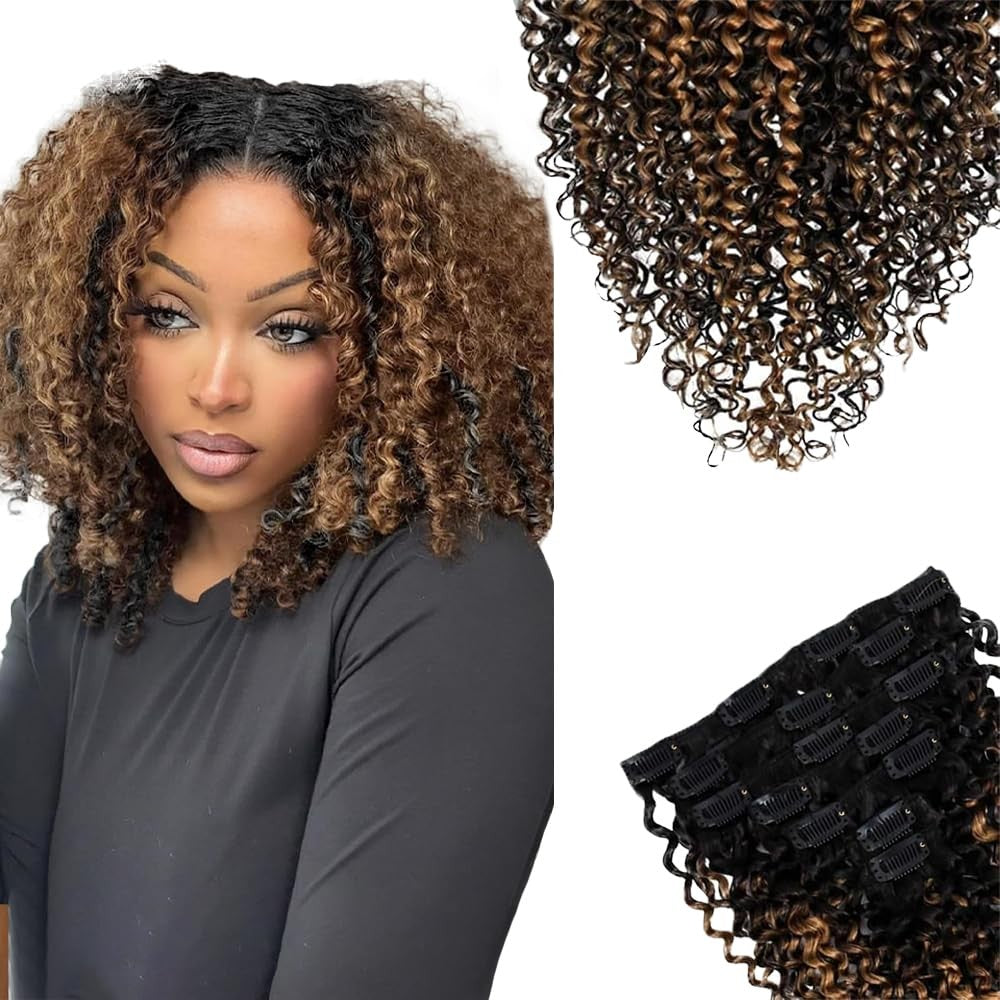SIYUSI Kinky Curly Clip-In Extensions in honey blond, 3C 4A Brazilian Remy human hair, showing textured curly hair clips.