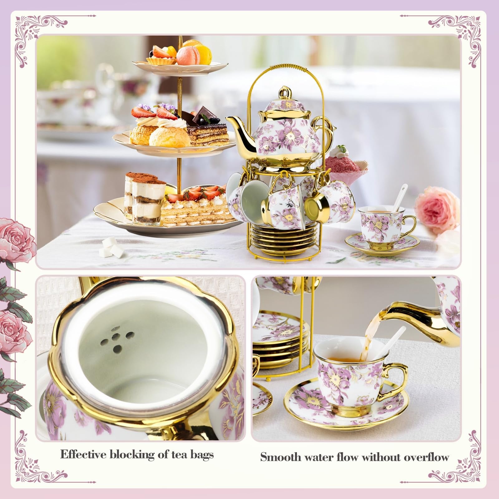 Hebaogugu 20-piece porcelain tea set with metal holder, includes cups and teapot, European ceramic design, 700ml capacity