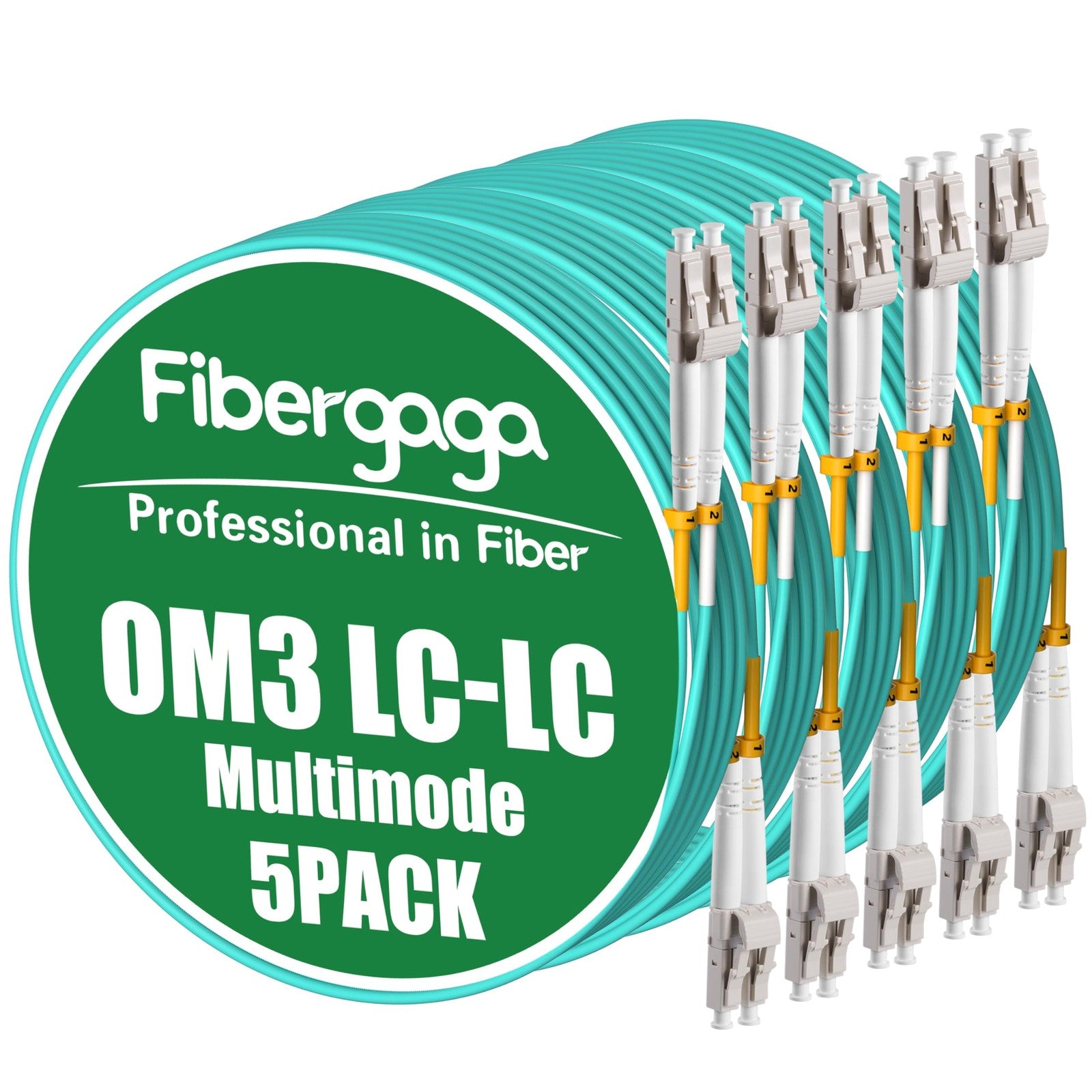 Fibergaga 5-pack OM3 multimode fiber LC to LC patch cables, 10ft, 50/125µm, suitable for 10G network connections.