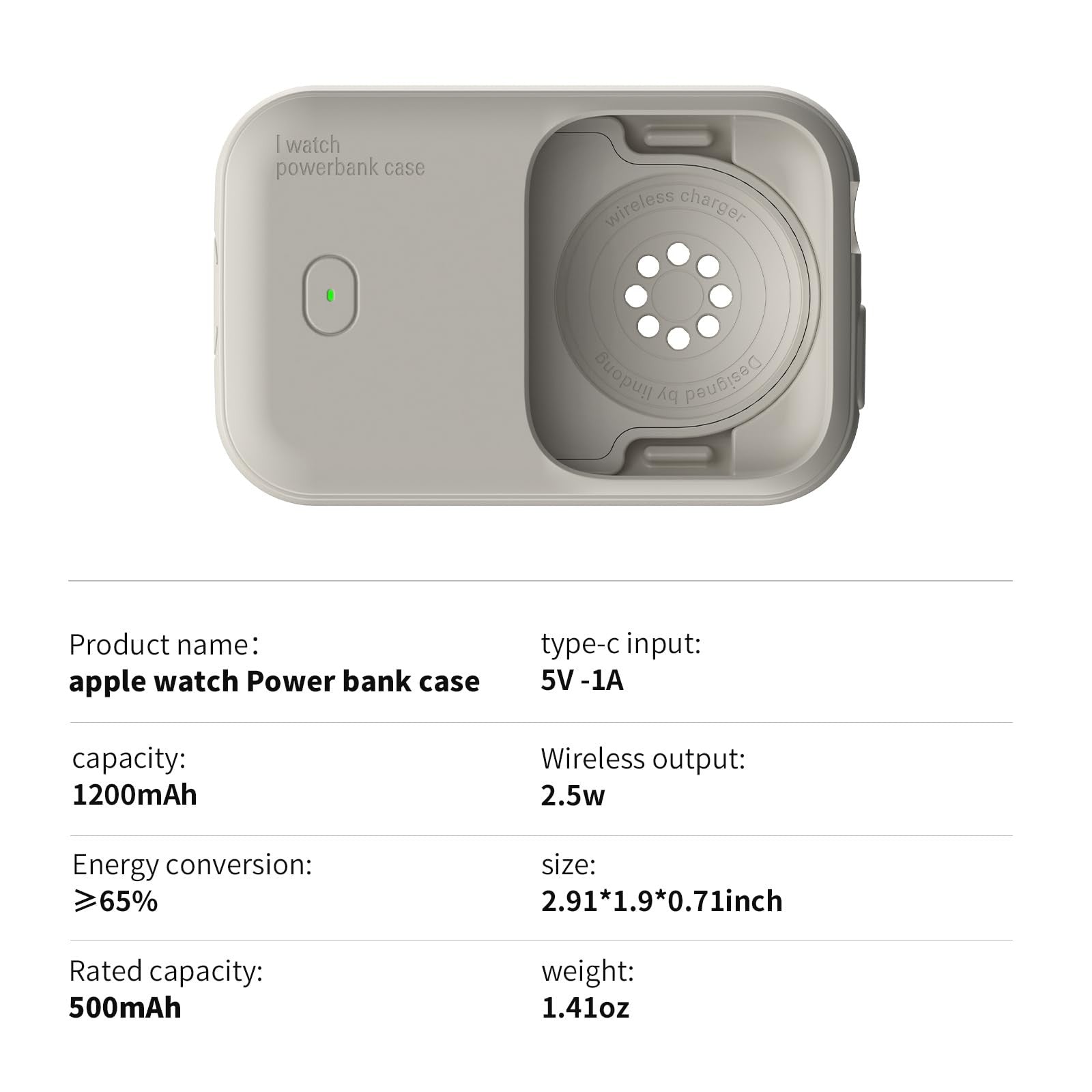 Evacu Apple Watch fast charging portable power bank with 1200mAh capacity, compact travel charger, and sleek design.