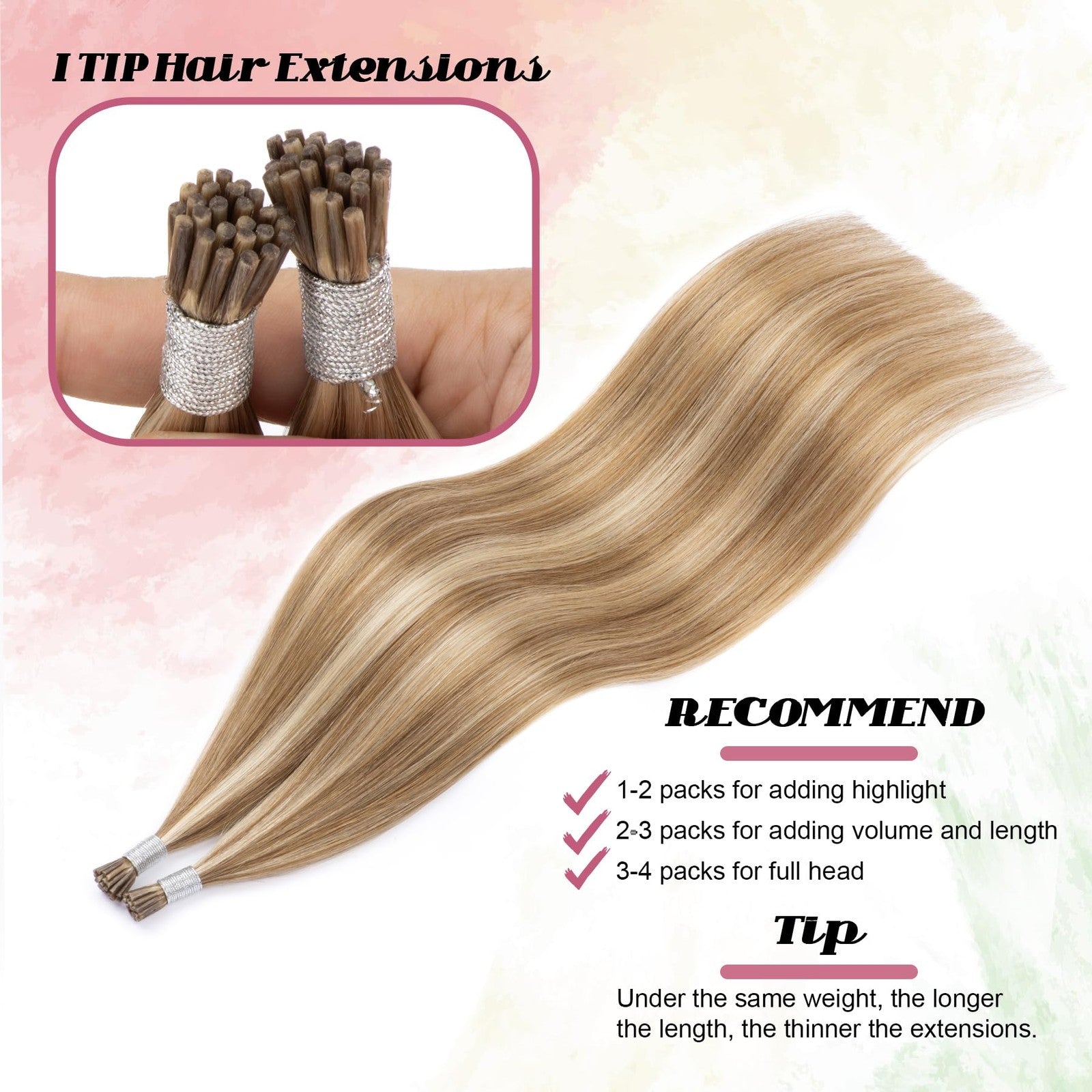 KPVXXVE human hair I tip hair extensions in ash brown mix, 50g, 20 inches long, showing individual hair strands and color blend.