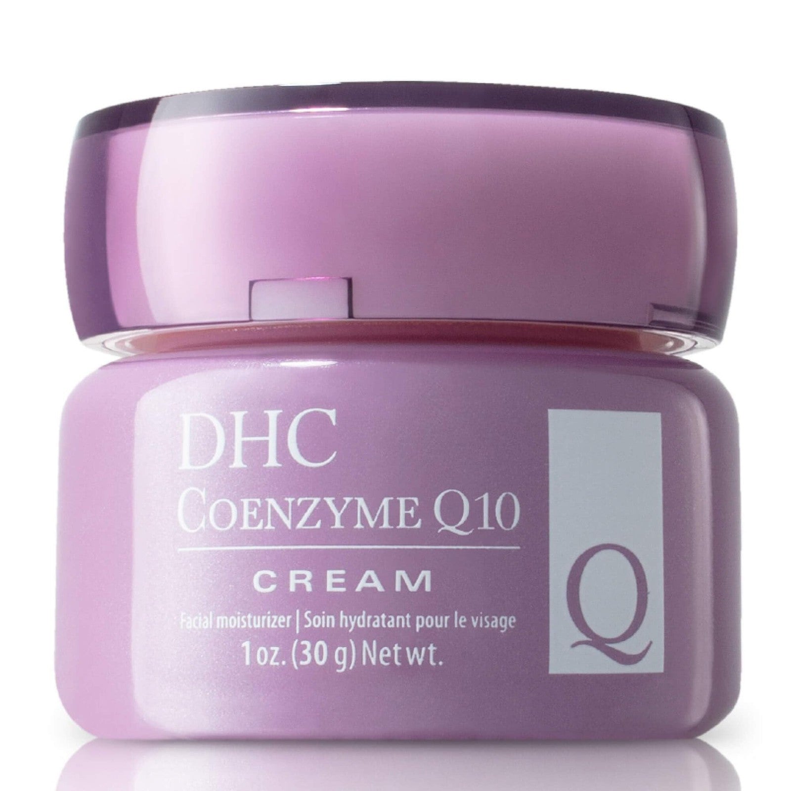 DHC Q10 Cream age-defying moisturizer in 1.7 oz jar, suitable for dry skin, with smooth cream texture visible in the image.