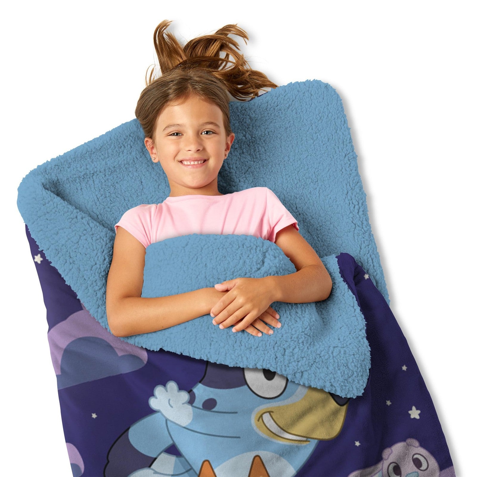 Northwest Bluey Silk Touch Sherpa Slumber Bag with zipper, soft blue sherpa fabric, ideal for cozy sleepovers and comfort.