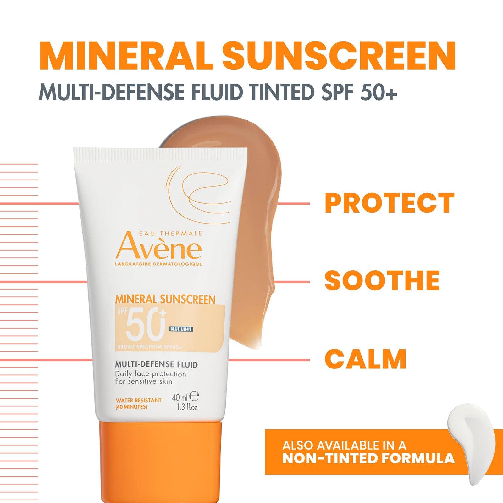 Avène Mineral Sunscreen Multi-Defense Fluid Tinted SPF 50+ in a light beige shade, with a smooth, creamy texture and pump dispenser.