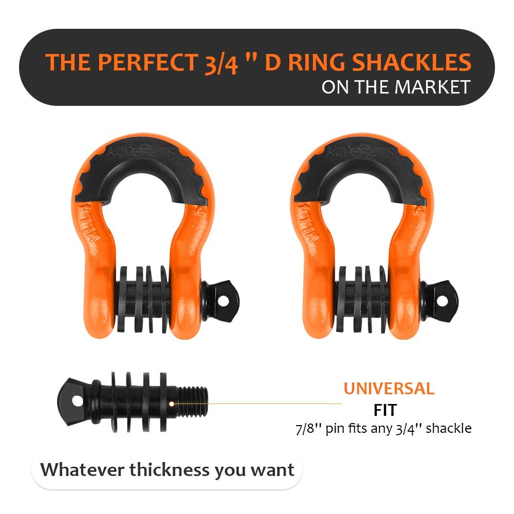 Pair of Autobots D-Ring Shackles 3/4 inch with high-strength bow shackles for winch recovery and towing, 41887 lb break strength