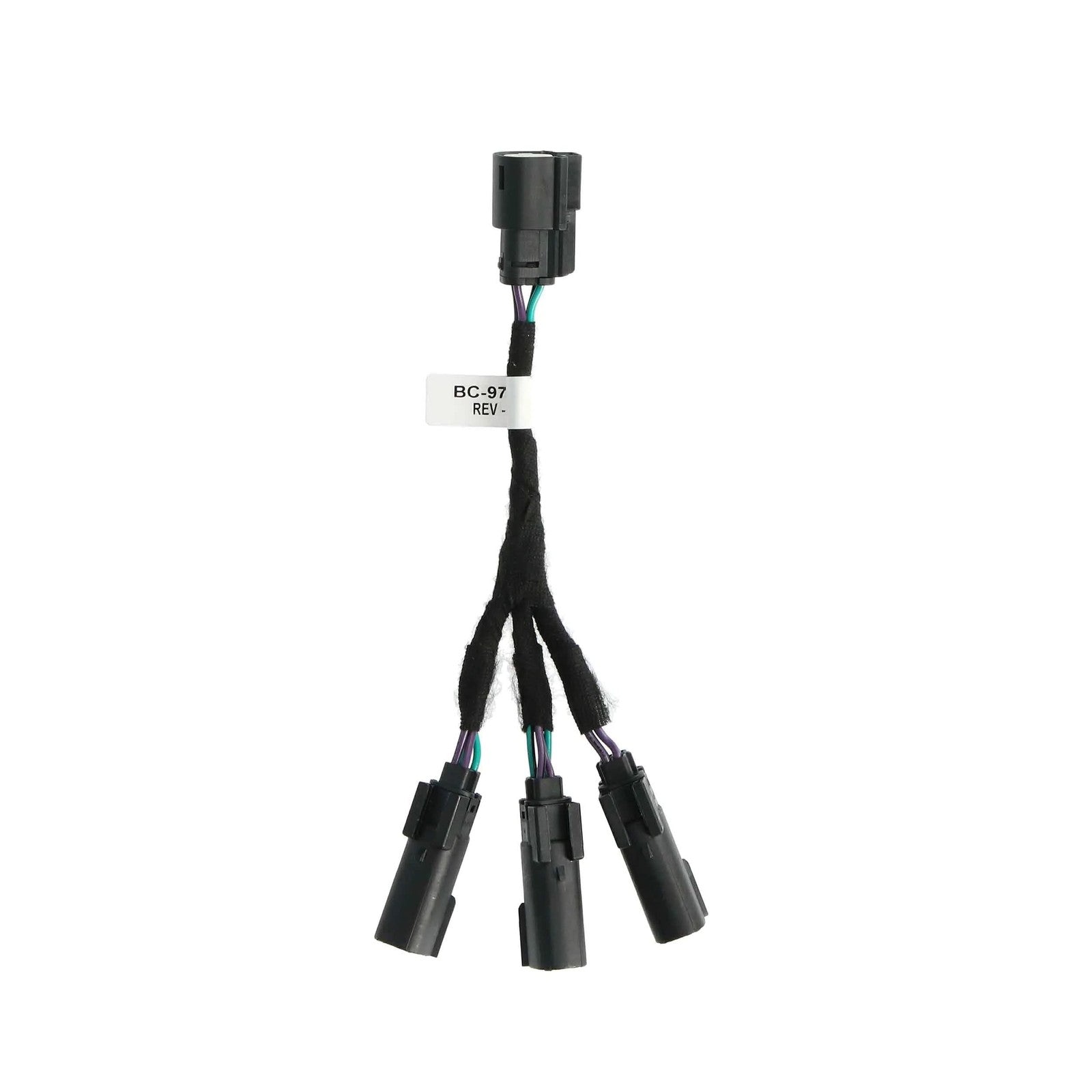 Metra Rear 3-Way Speaker Harness Splitter BC-9721, black plastic connector with wiring for car audio installation.