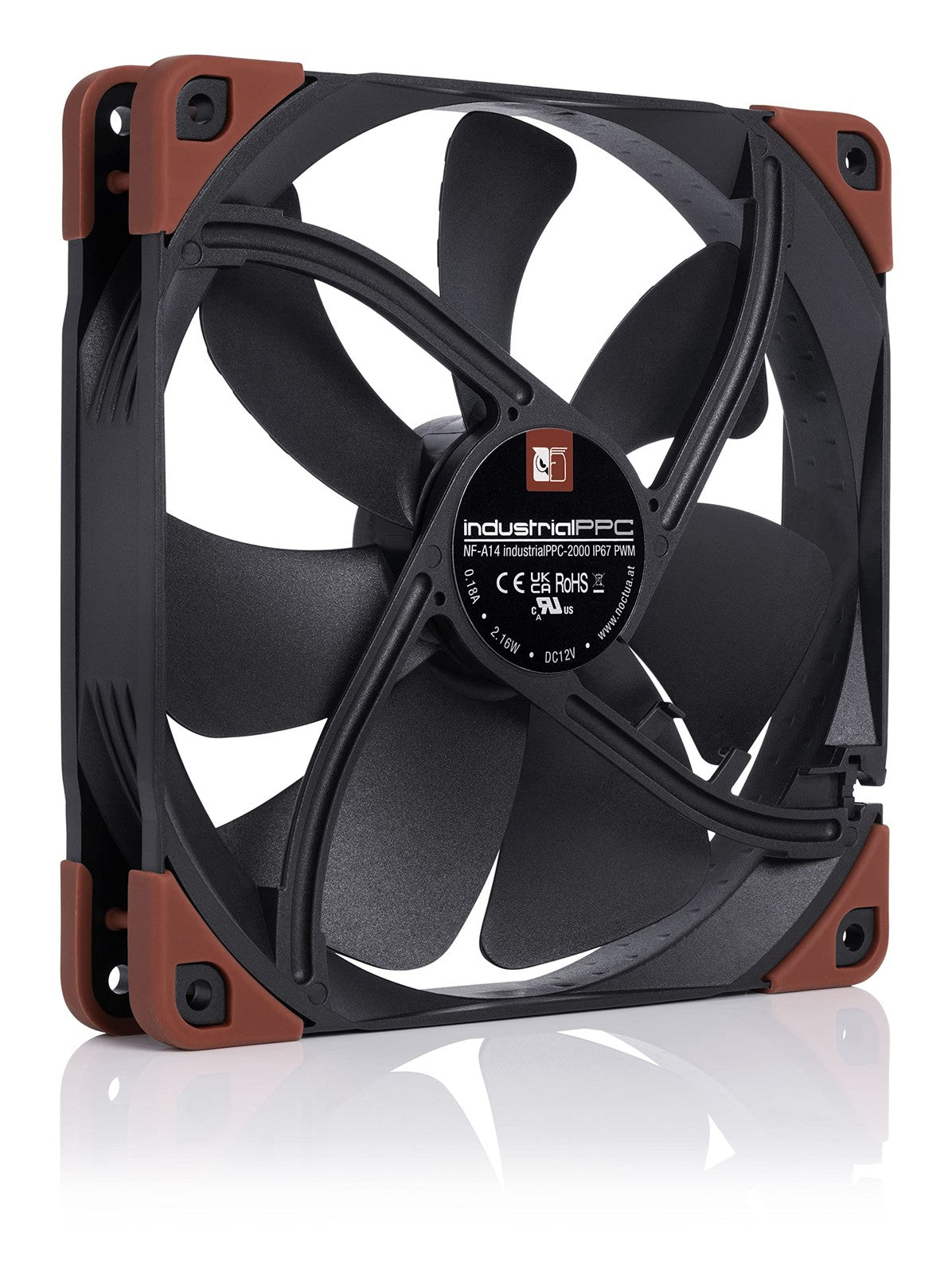 Noctua Industrial PPC-2000 IP67 PWM 140mm computer cooling fan with durable metal frame and black blades.
