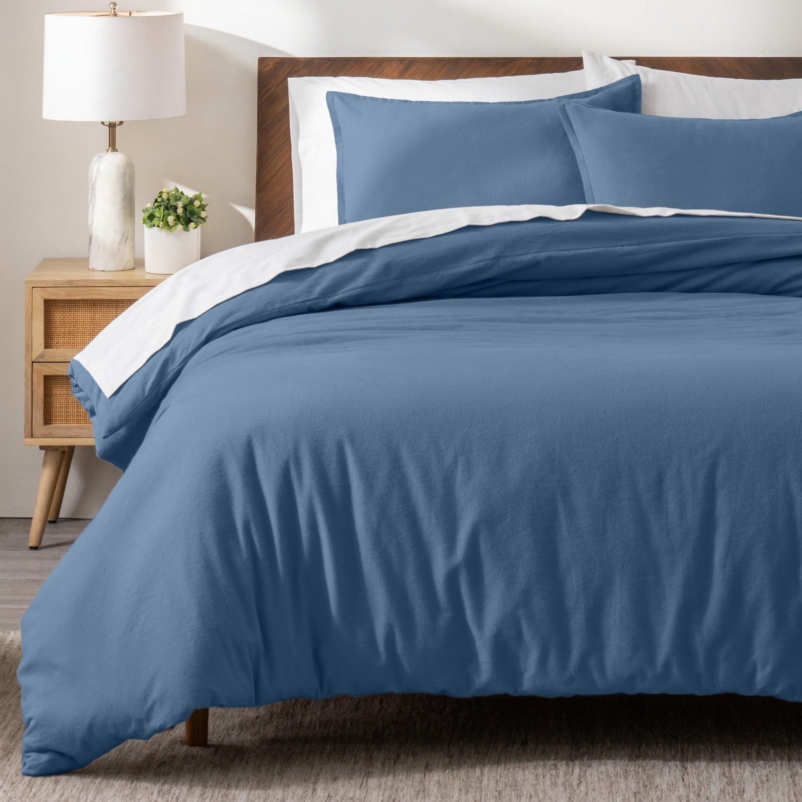 Bare Home king flannel duvet cover set featuring soft, heavyweight 100% cotton with a velvety texture, shown on a bed.