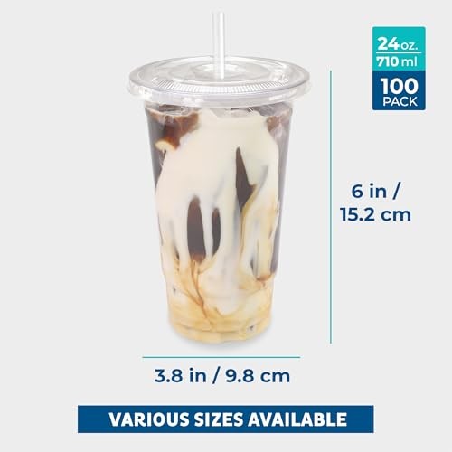 Clear 24 oz disposable plastic cups with flat lids and straws by Freshware, 100-pack, ideal for beverages and parties.
