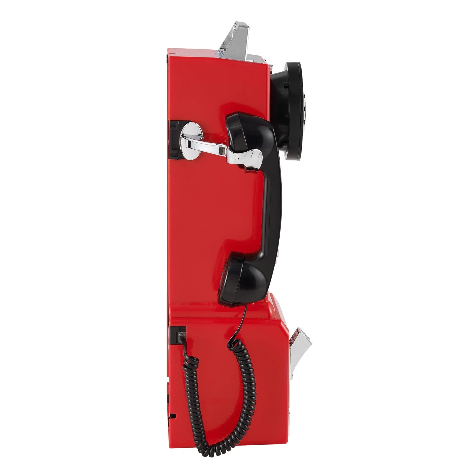 Red Crosley CR56-RE 1950s payphone with push button technology, vintage style with detailed handset and keypad features.