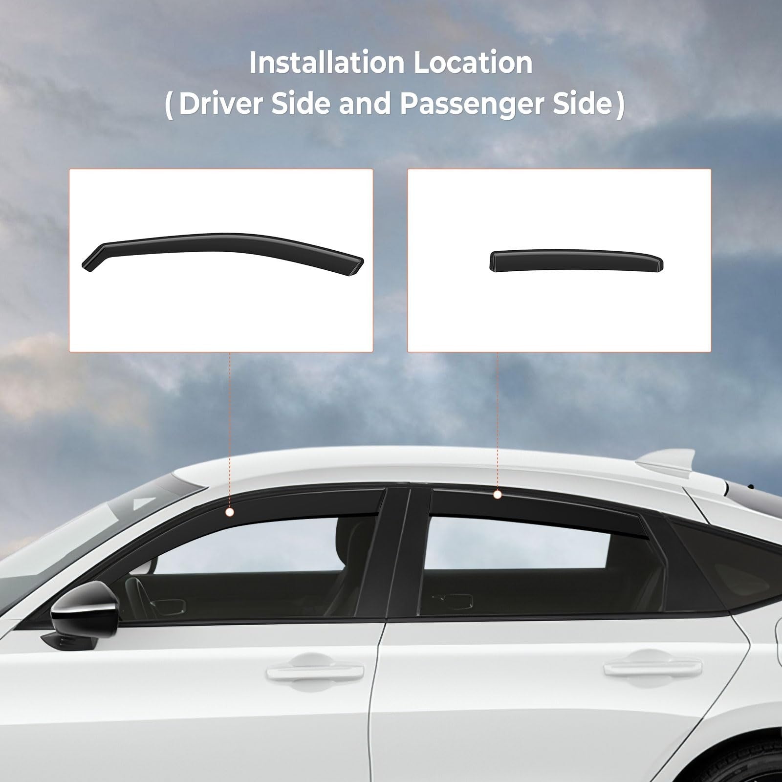 GEARMEISTER in-channel rain guard installed on a 2022-2023 Honda Civic hatchback and sedan, showing the sleek, clear window protection.