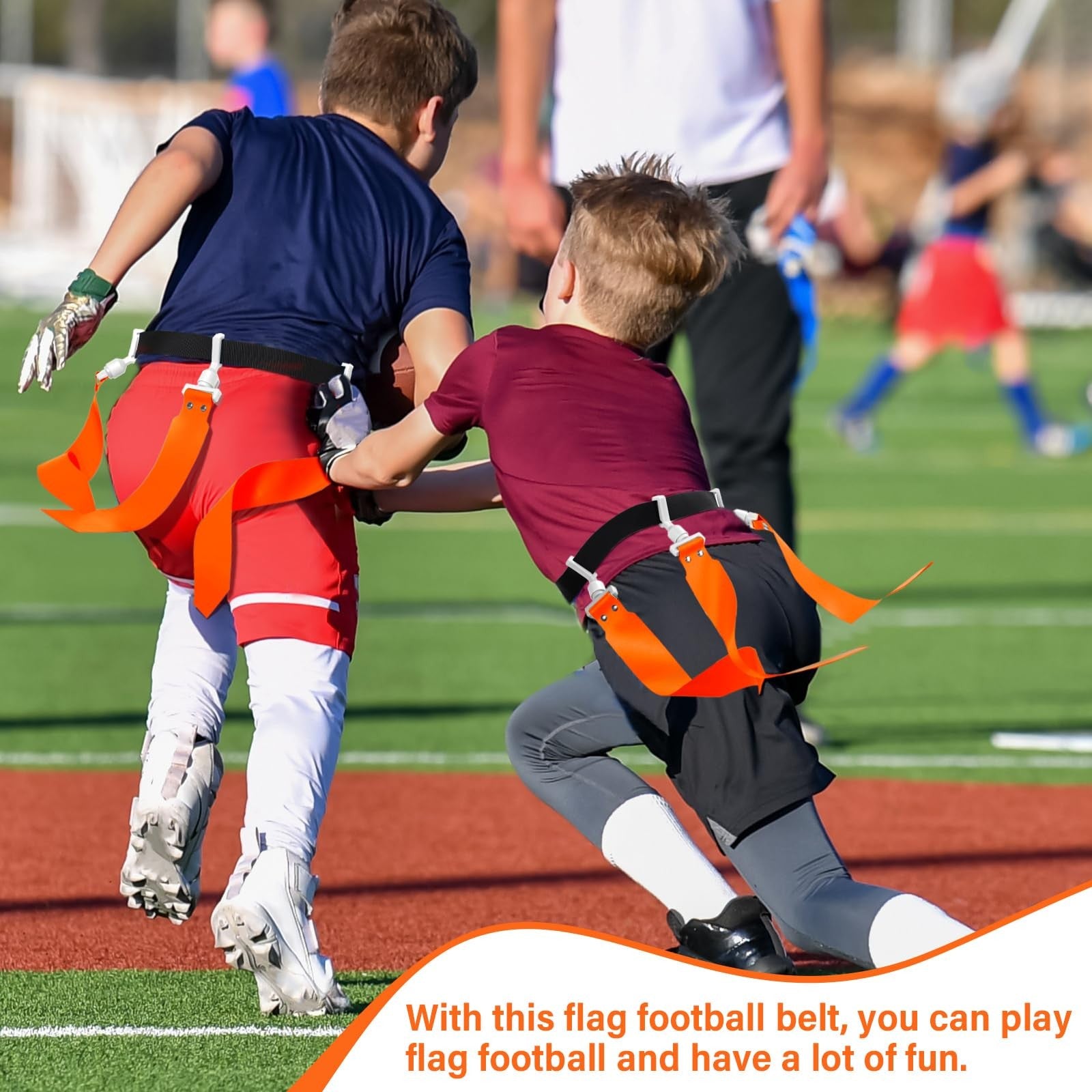 Junkin flag football set with 10 adjustable belts and flags for 6, 8, or 10 players, suitable for outdoor sports and games.