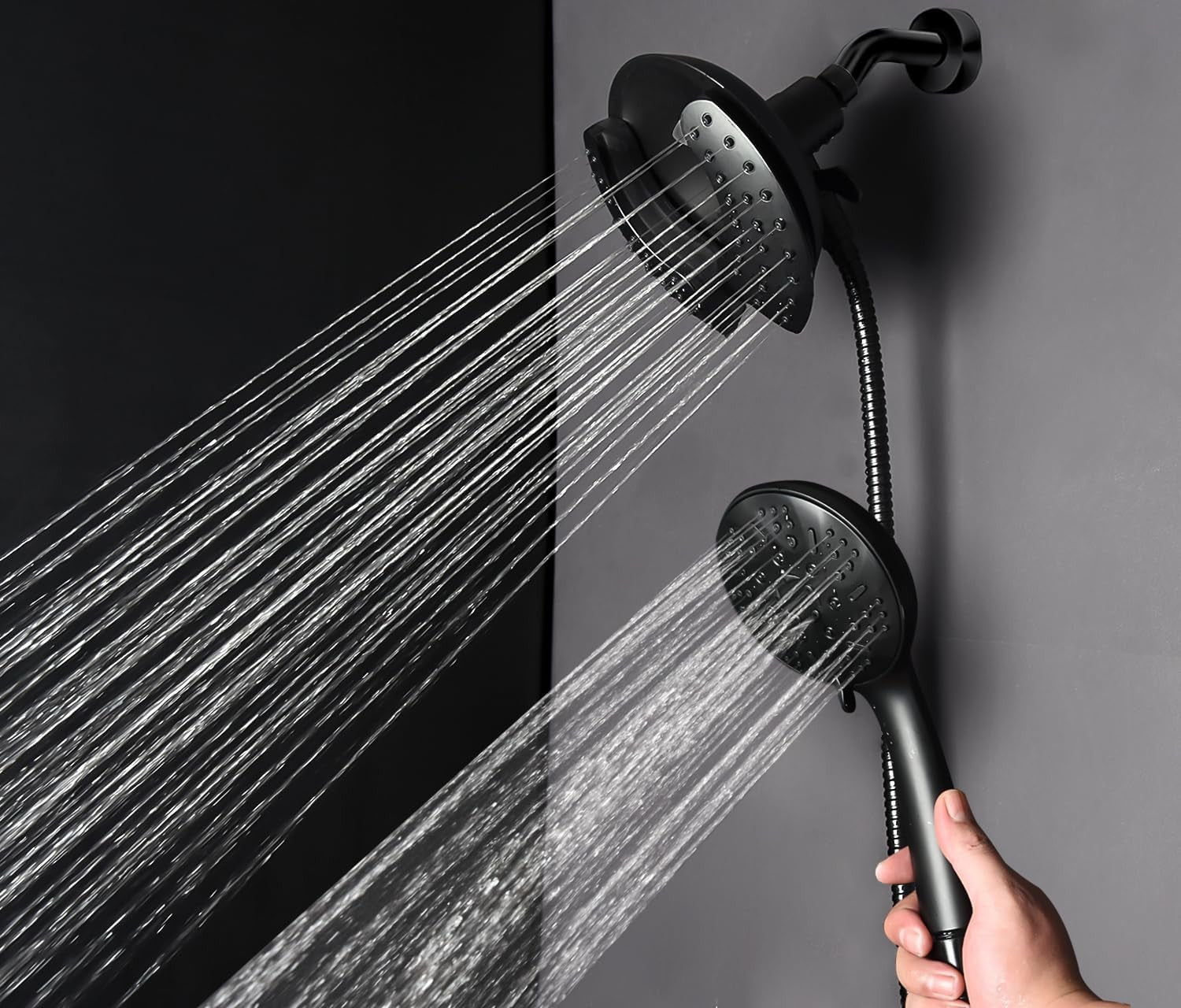 GRICH 2.5GPM shower head with handheld attachment, high-pressure 2-in-1 bathroom shower fixture, chrome finish, water spray visible