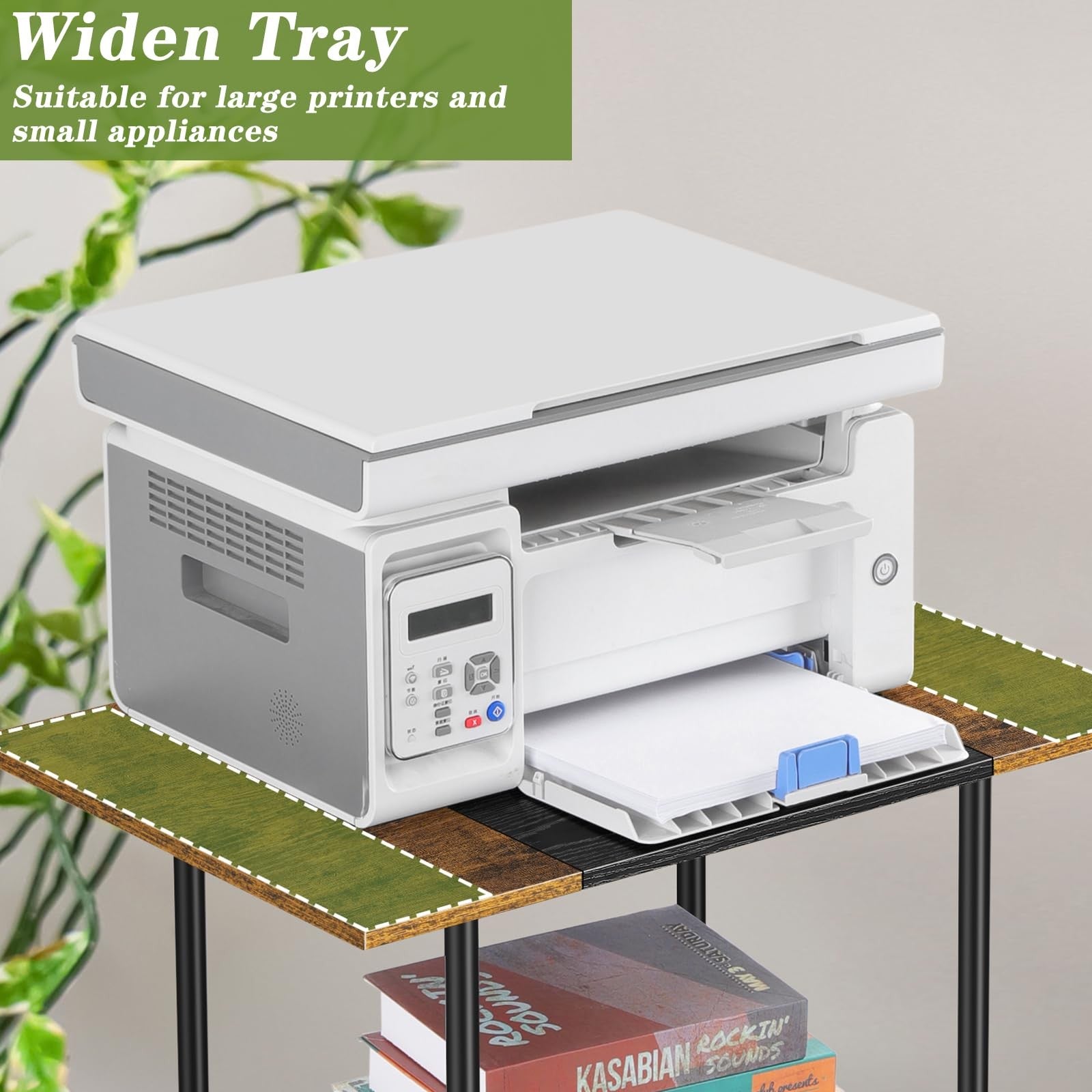 Shinoske 3-tier printer stand with wheels, large storage table for home use, featuring a sturdy design and ample space for printers.