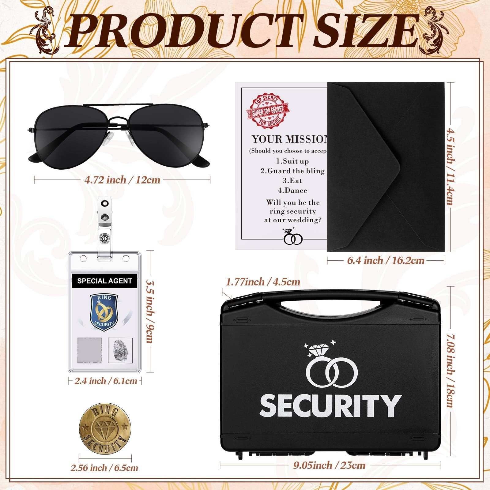 Aoriher 18-piece black plastic wedding ring bearer set with sunglasses, bow ties, badges, ID cards, and briefcases