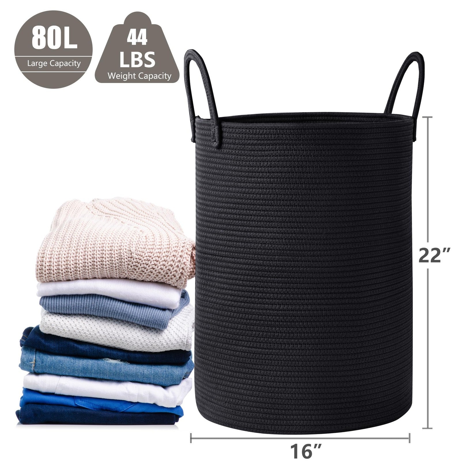 MOJOSCEND 80L black woven rope laundry hamper, tall modern clothes basket with sturdy handles and stylish design.