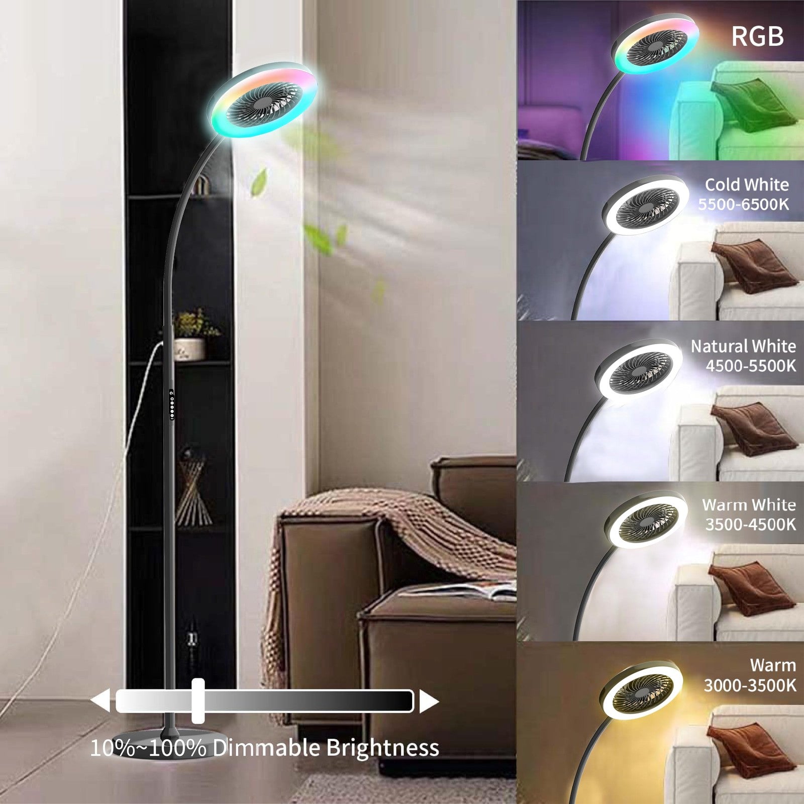 ONIDEK pedestal fan for bedroom with RGB LED floor lamp, 18W, 1500 lumens, 3-speed stand fan with adjustable height and color lighting
