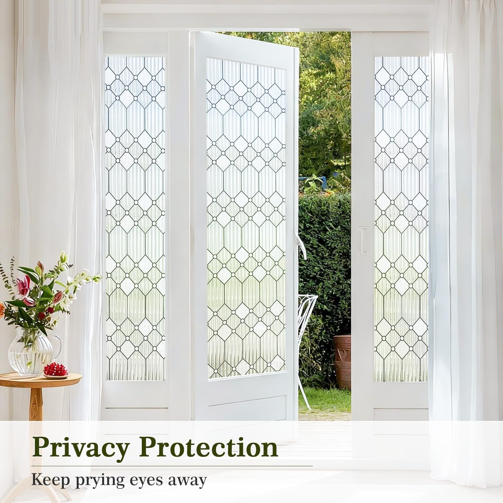 SUNBABY Reeded Glass Window Privacy Film showing frosted decorative pattern on bathroom window for privacy and style