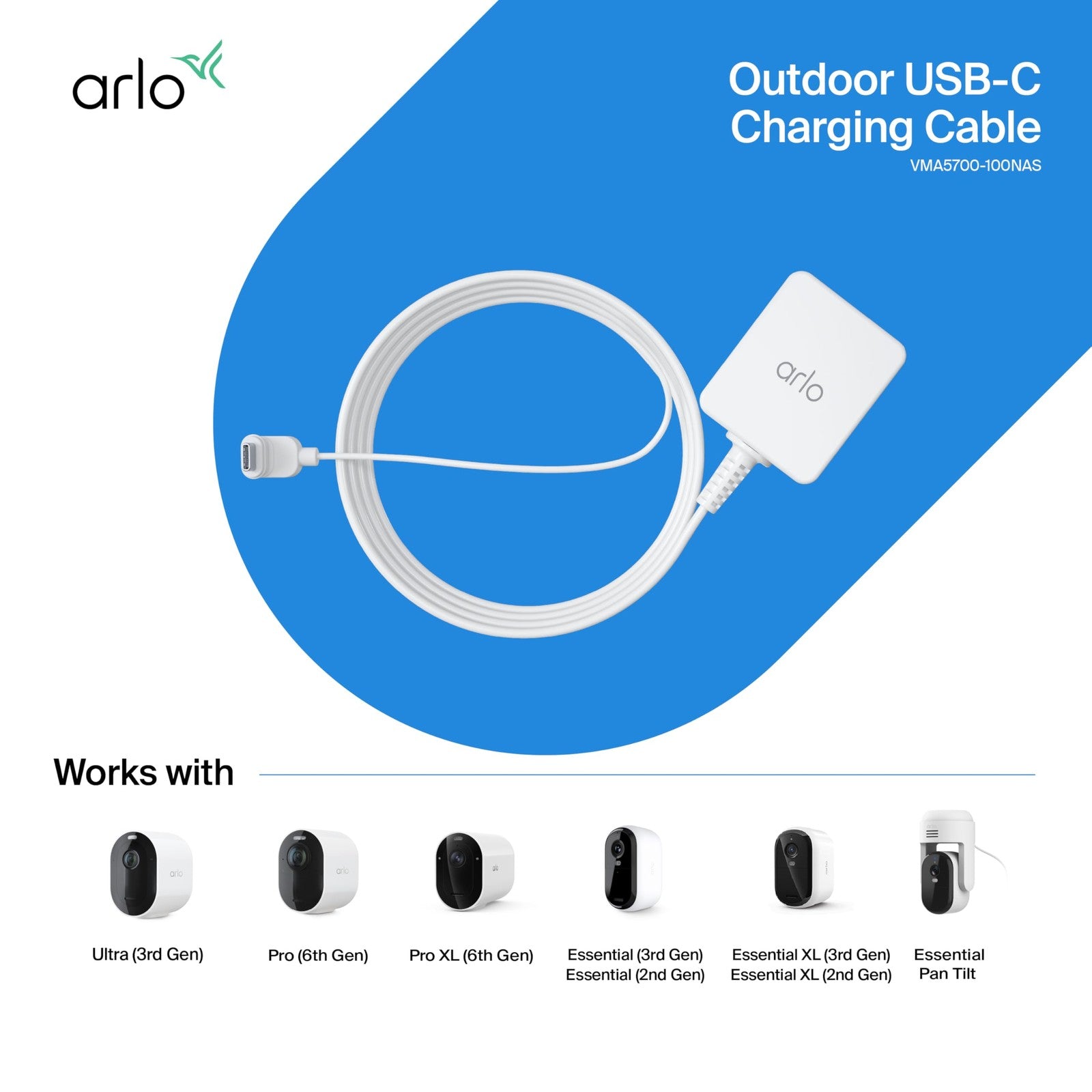 Arlo outdoor USB-C charging cable, 25 ft., Arlo certified accessory, shown connected to outdoor security camera equipment.