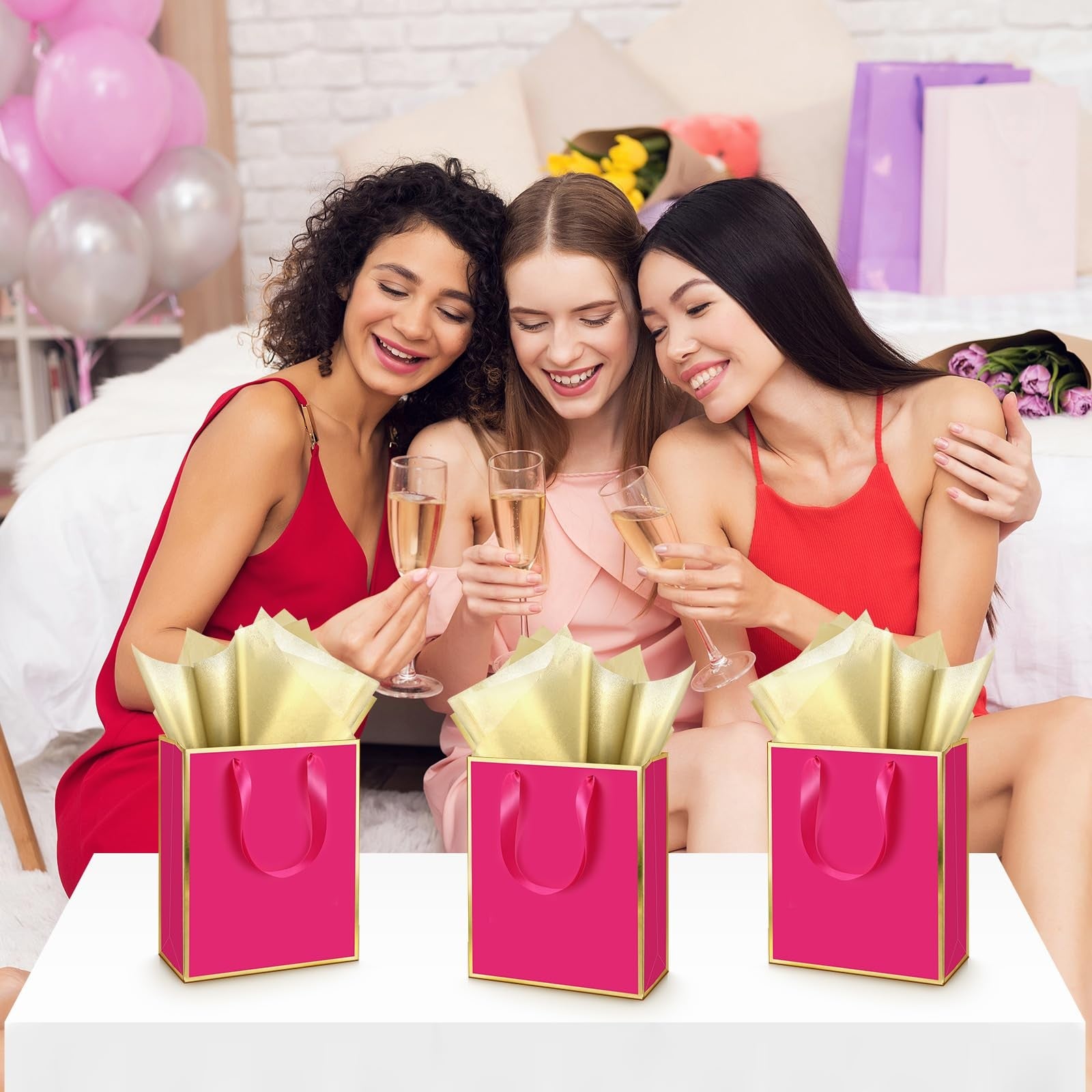 Yeaqee 50-pack metallic gold gift bags with handles and tissue paper, ideal for parties and gift wrapping.