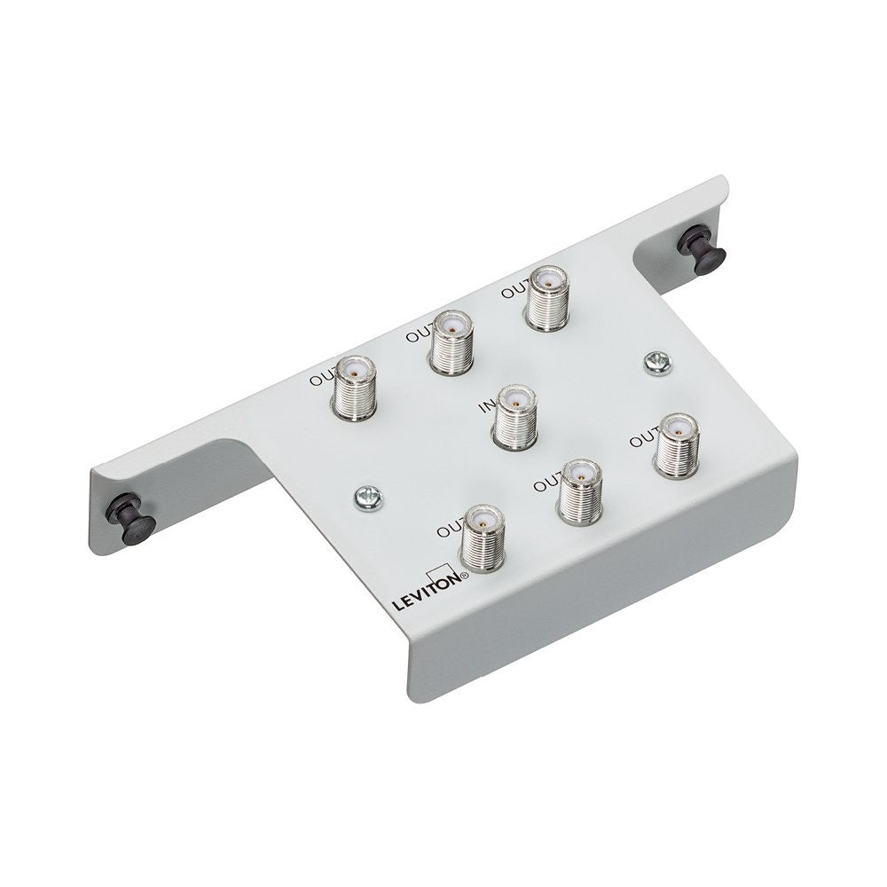 Leviton 1x6 2GHz passive video splitter in white showing ports and connectors for distributing video signals.