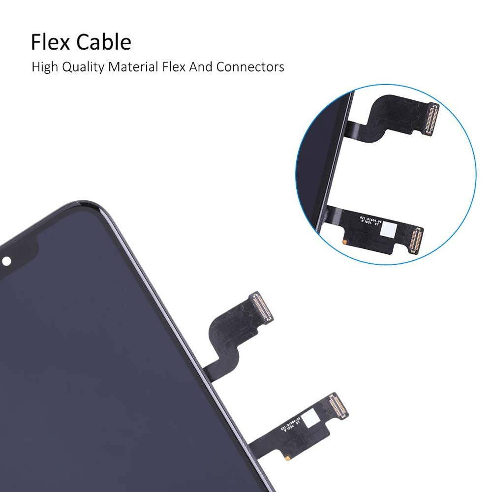 iPhone Xs Max screen replacement with 6.5-inch LCD touch display showing front view of the replacement screen