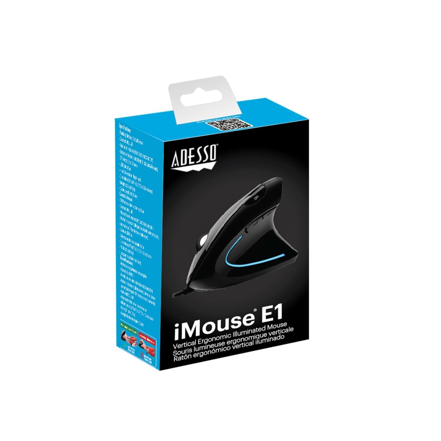 Adesso wired vertical ergonomic optical USB mouse with six buttons and illuminated design, designed for right-handed use.